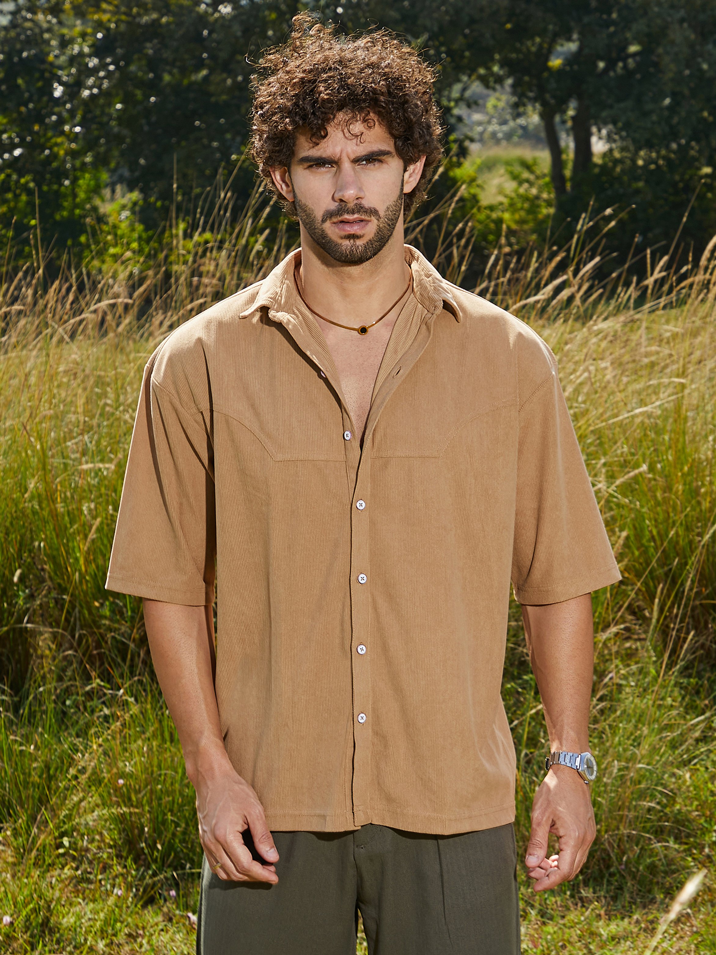 Men Beige Corduroy Oversized Shirt