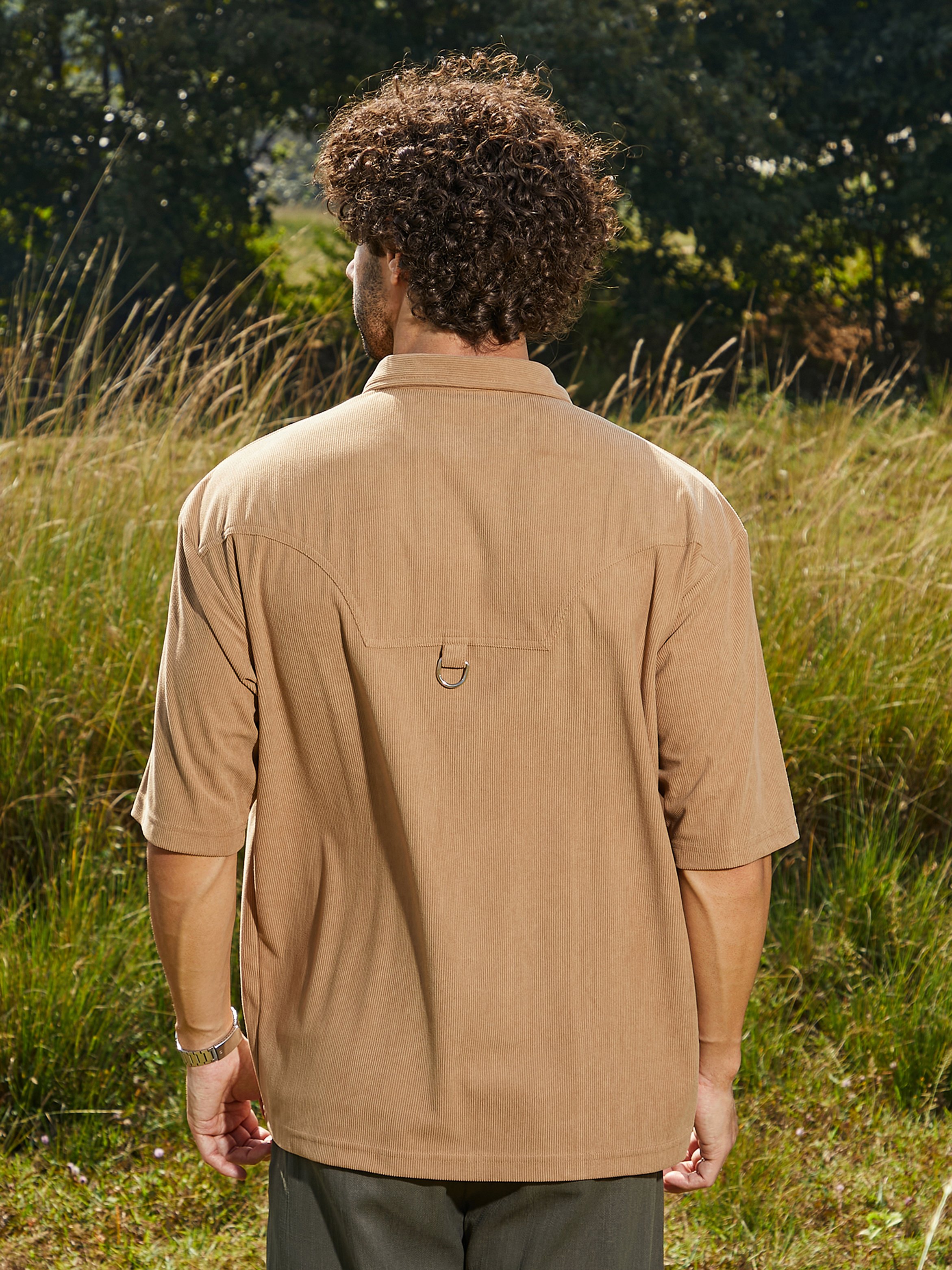 Men Beige Corduroy Oversized Shirt