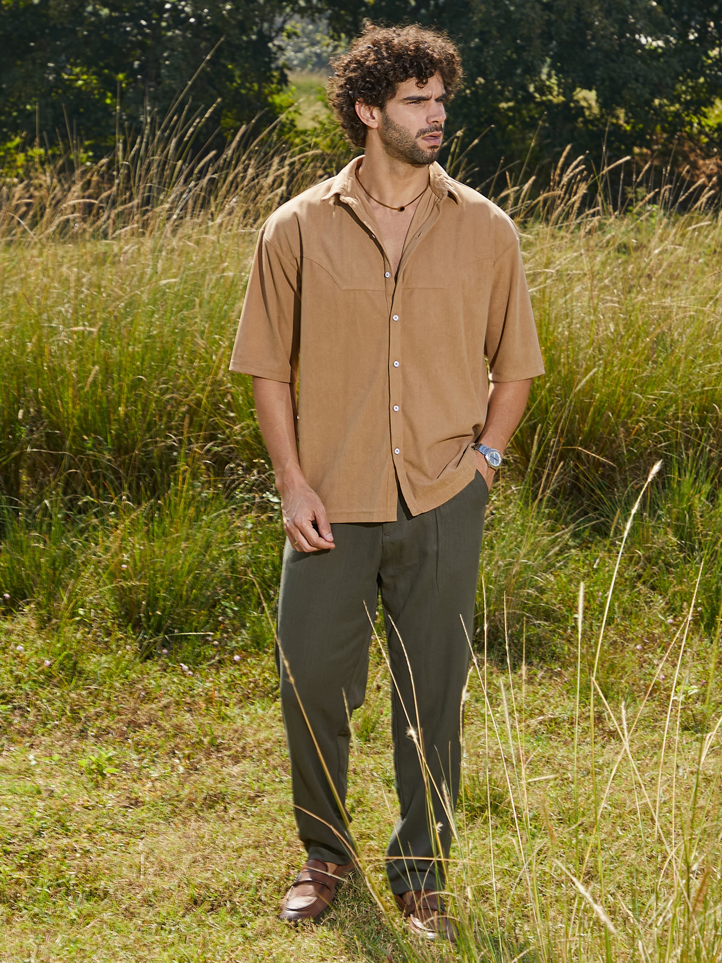 Men Beige Corduroy Oversized Shirt