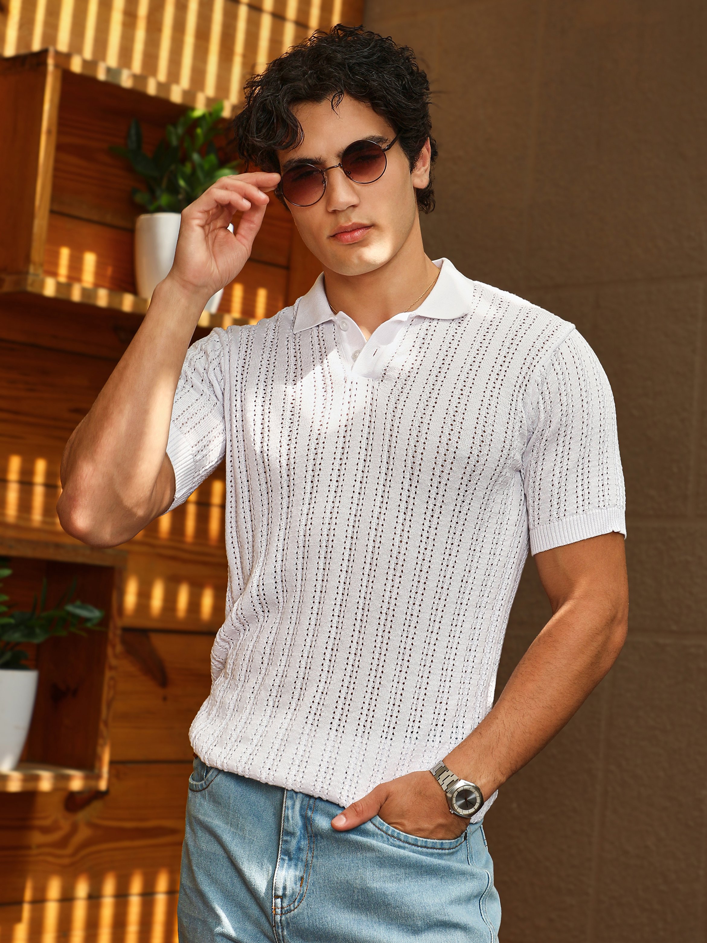 Men White Panelled-Knit Polo T-Shirt
