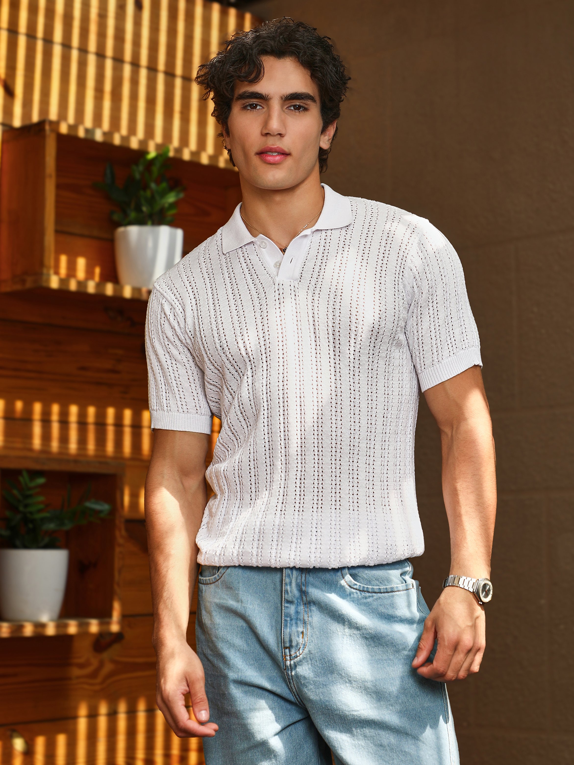 Men White Panelled-Knit Polo T-Shirt