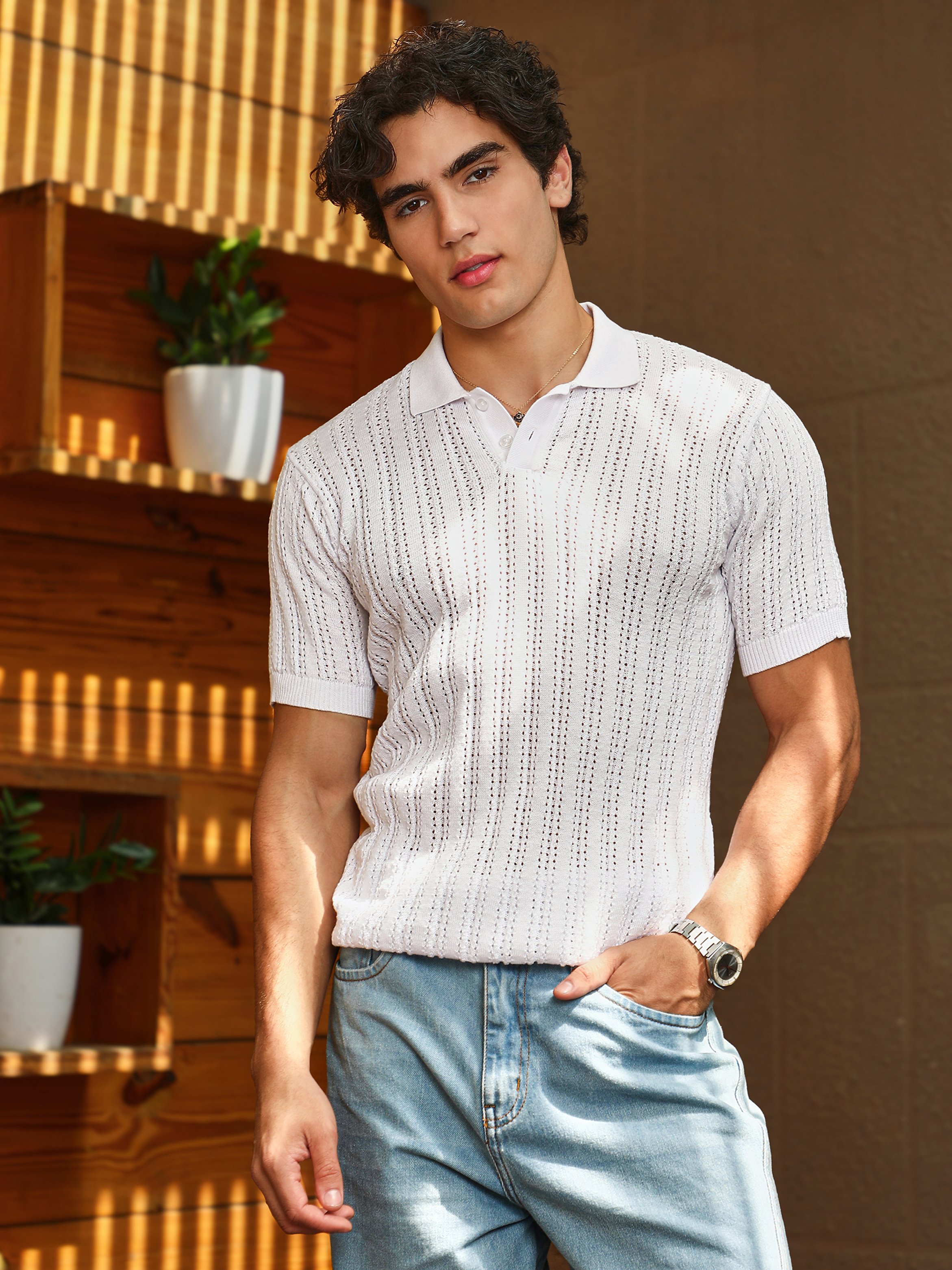 Men White Panelled-Knit Polo T-Shirt