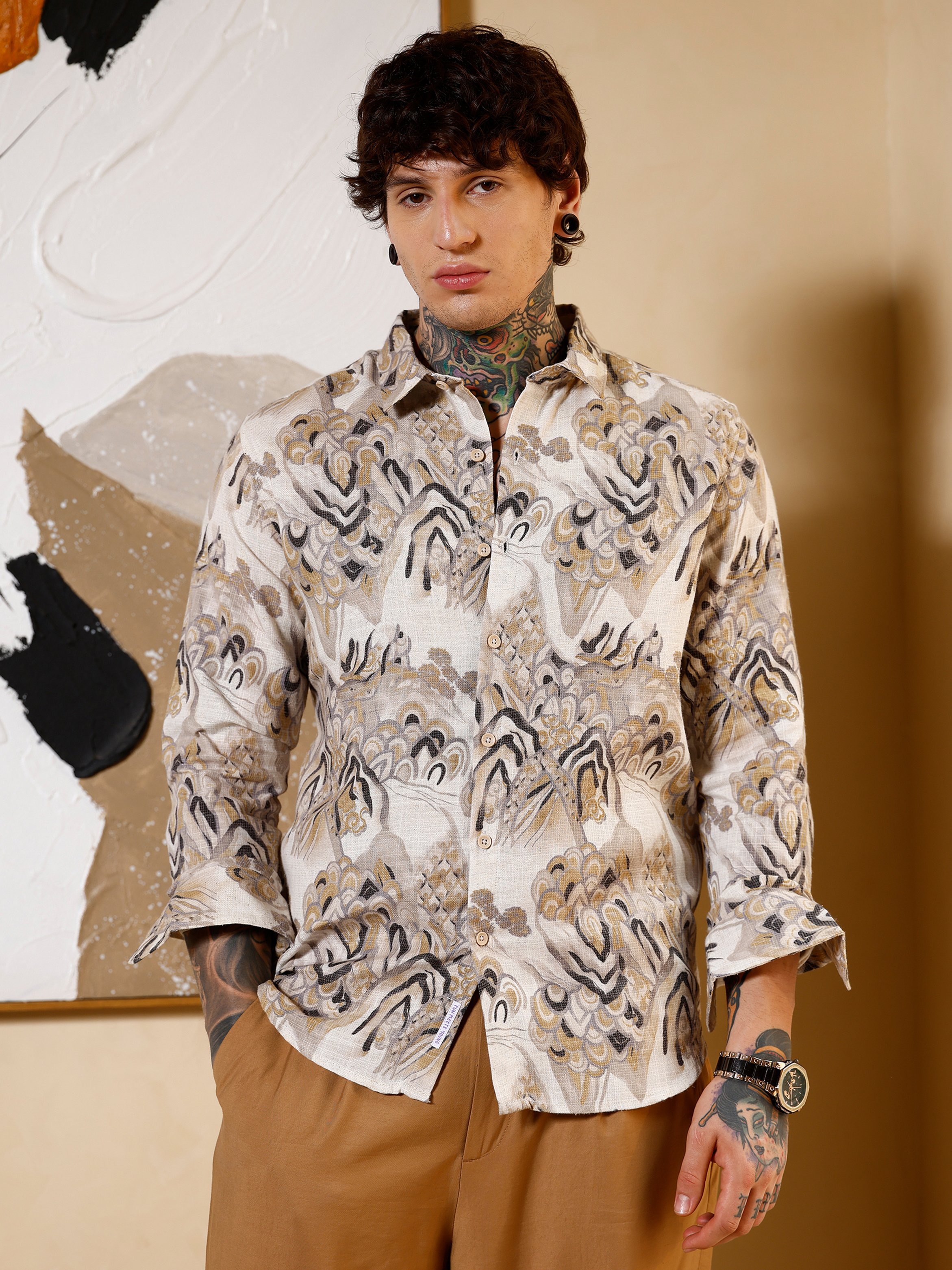 Men Beige Strokes-Printed Regular Shirt