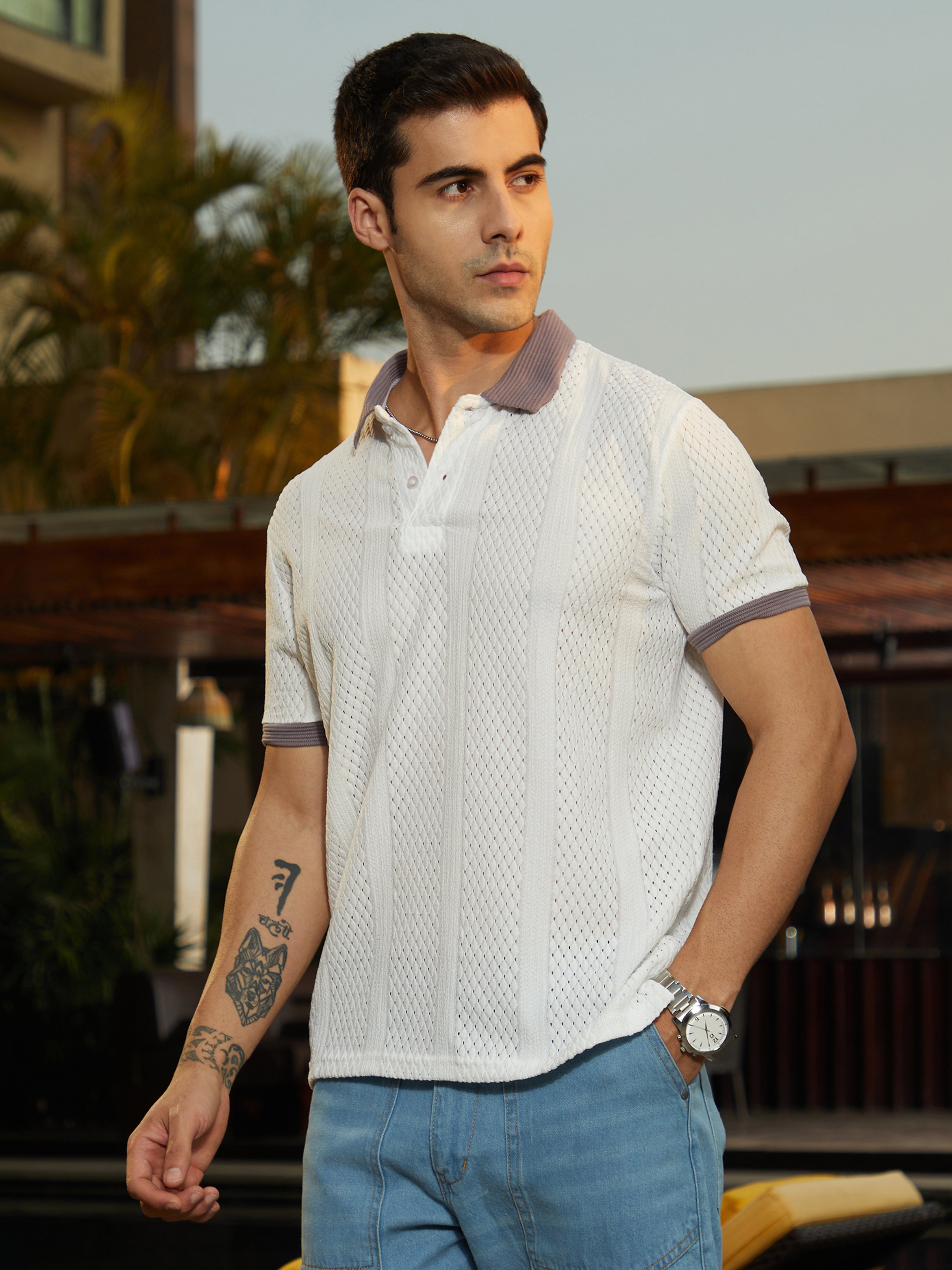 Men Contrast Trim Open-Knit Polo T-Shirt