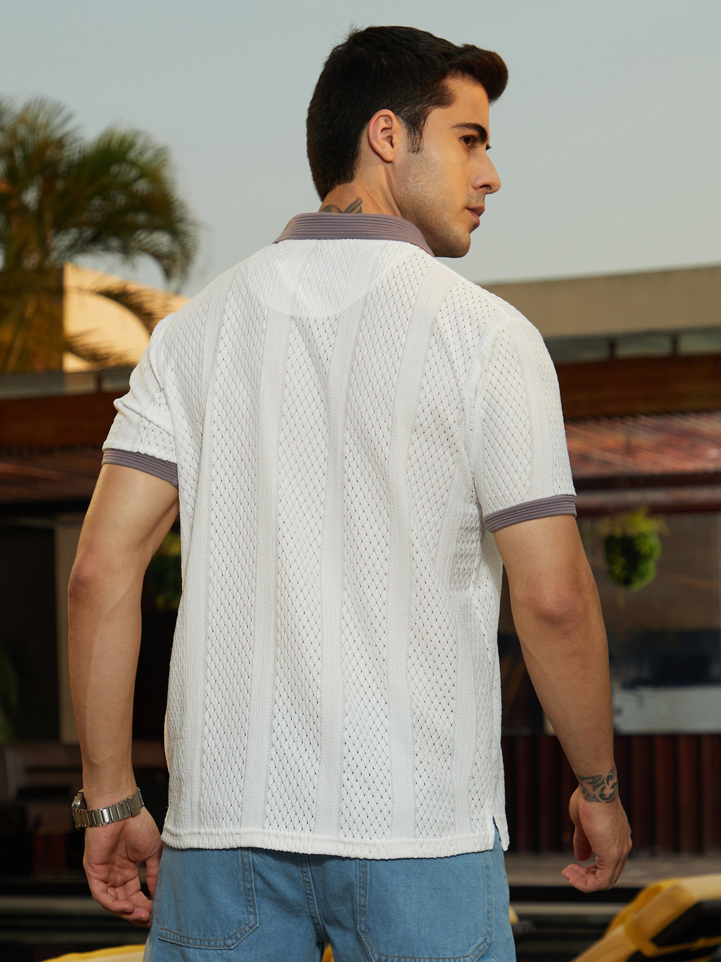 Men Contrast Trim Open-Knit Polo T-Shirt