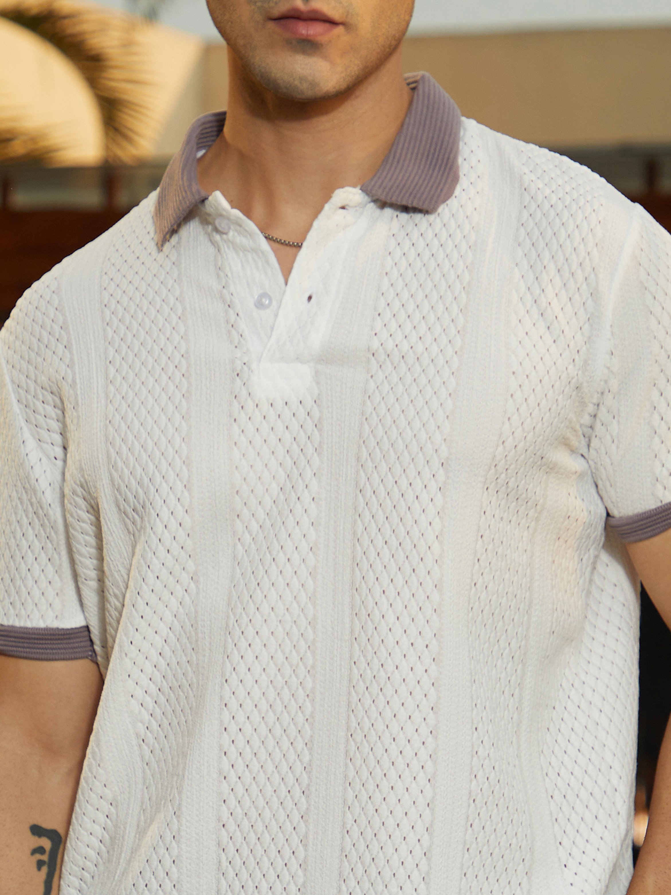 Men Contrast Trim Open-Knit Polo T-Shirt