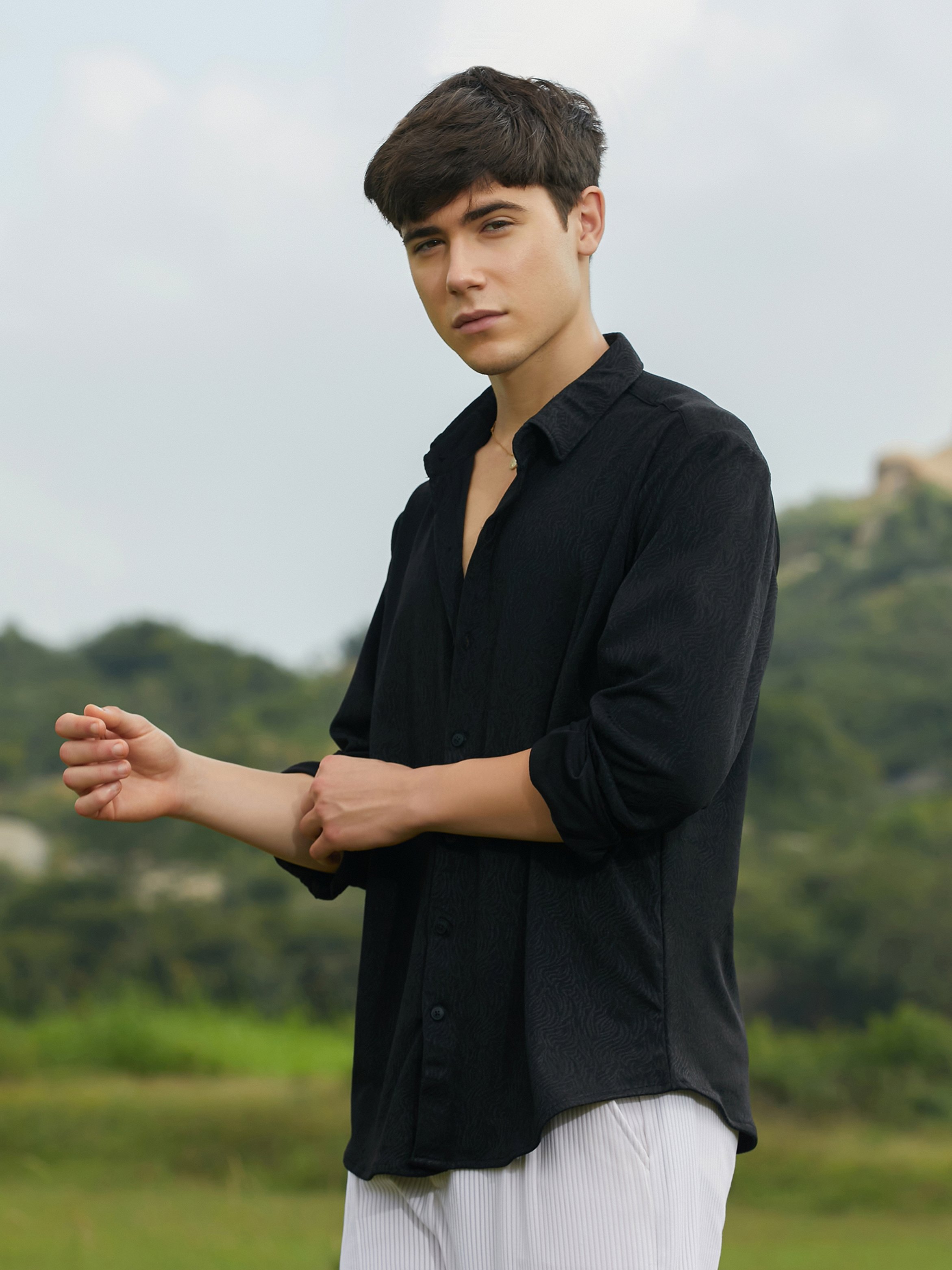 Men Black Solid Spread Collar Shirt