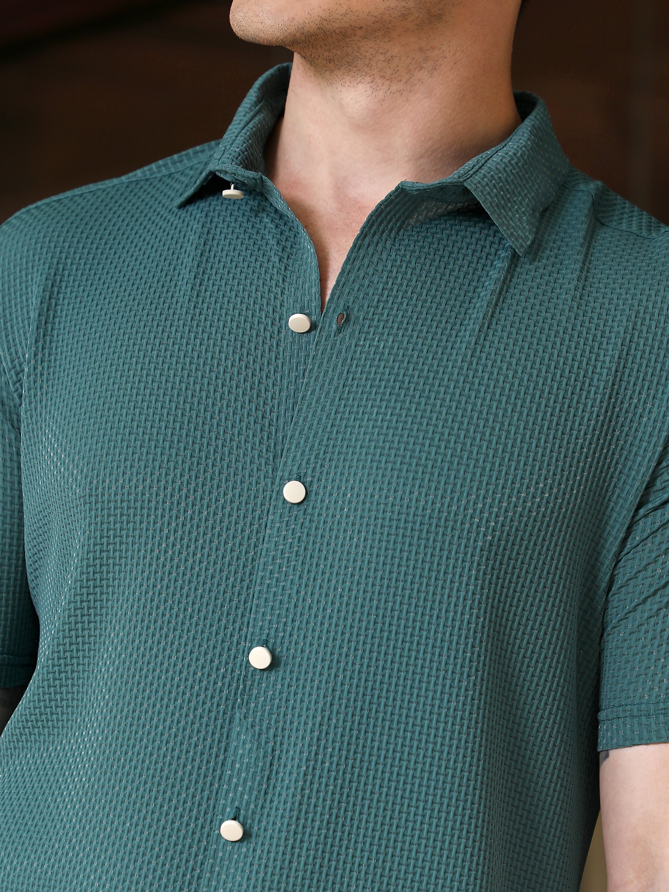 Men Green Textured Short Sleeve Shirt