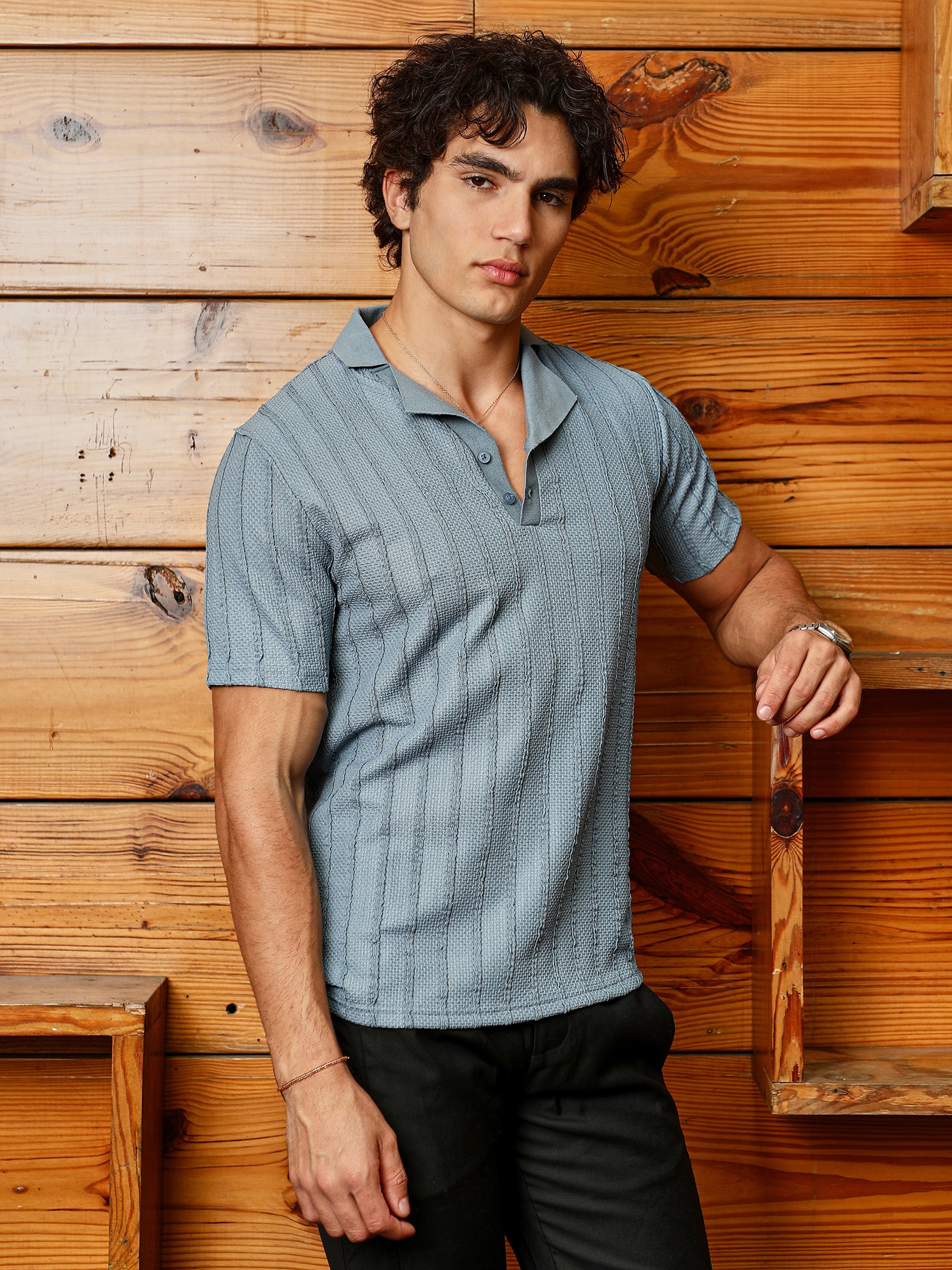Men Blue Textured Knit Polo