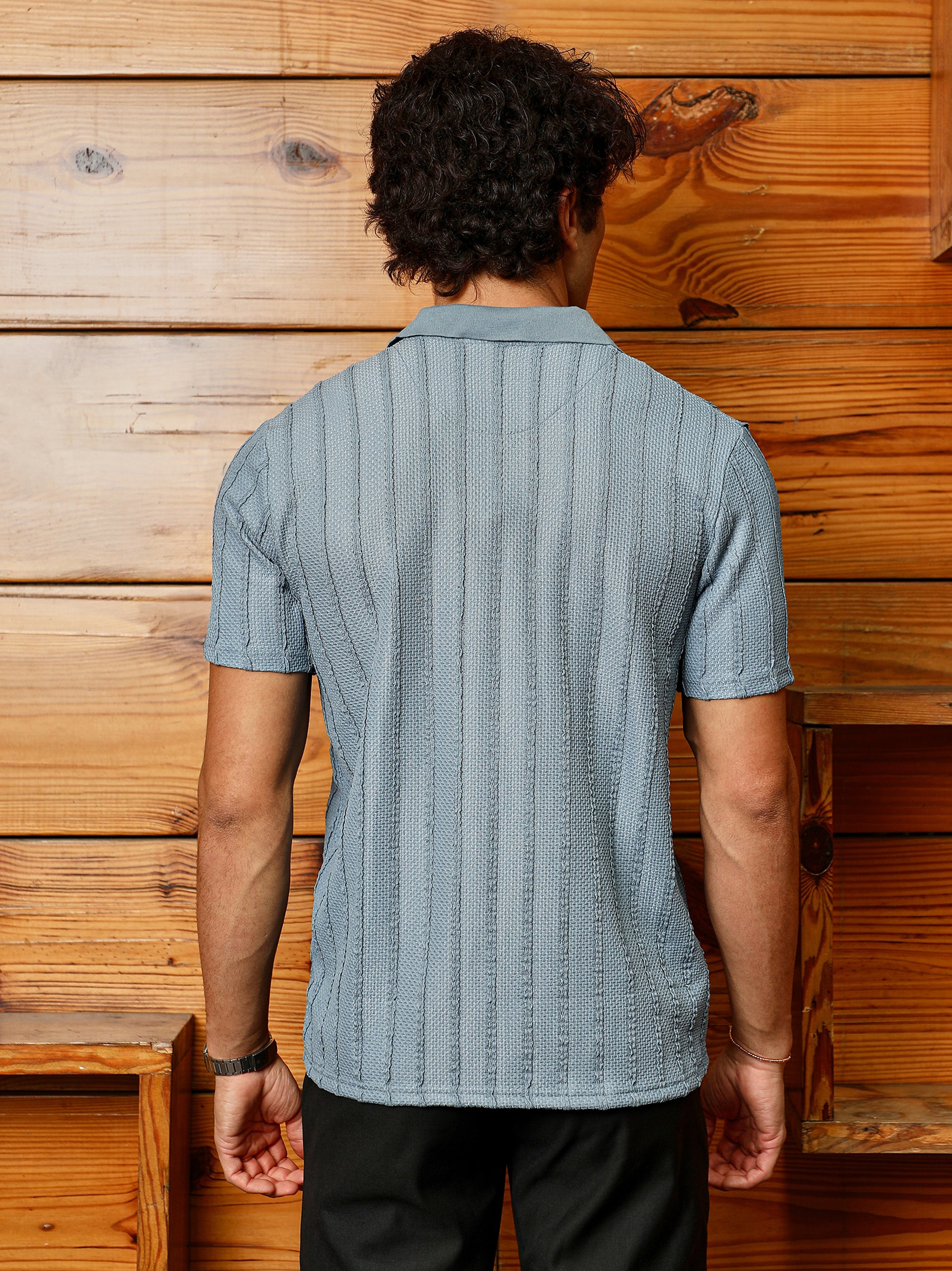 Men Blue Textured Knit Polo