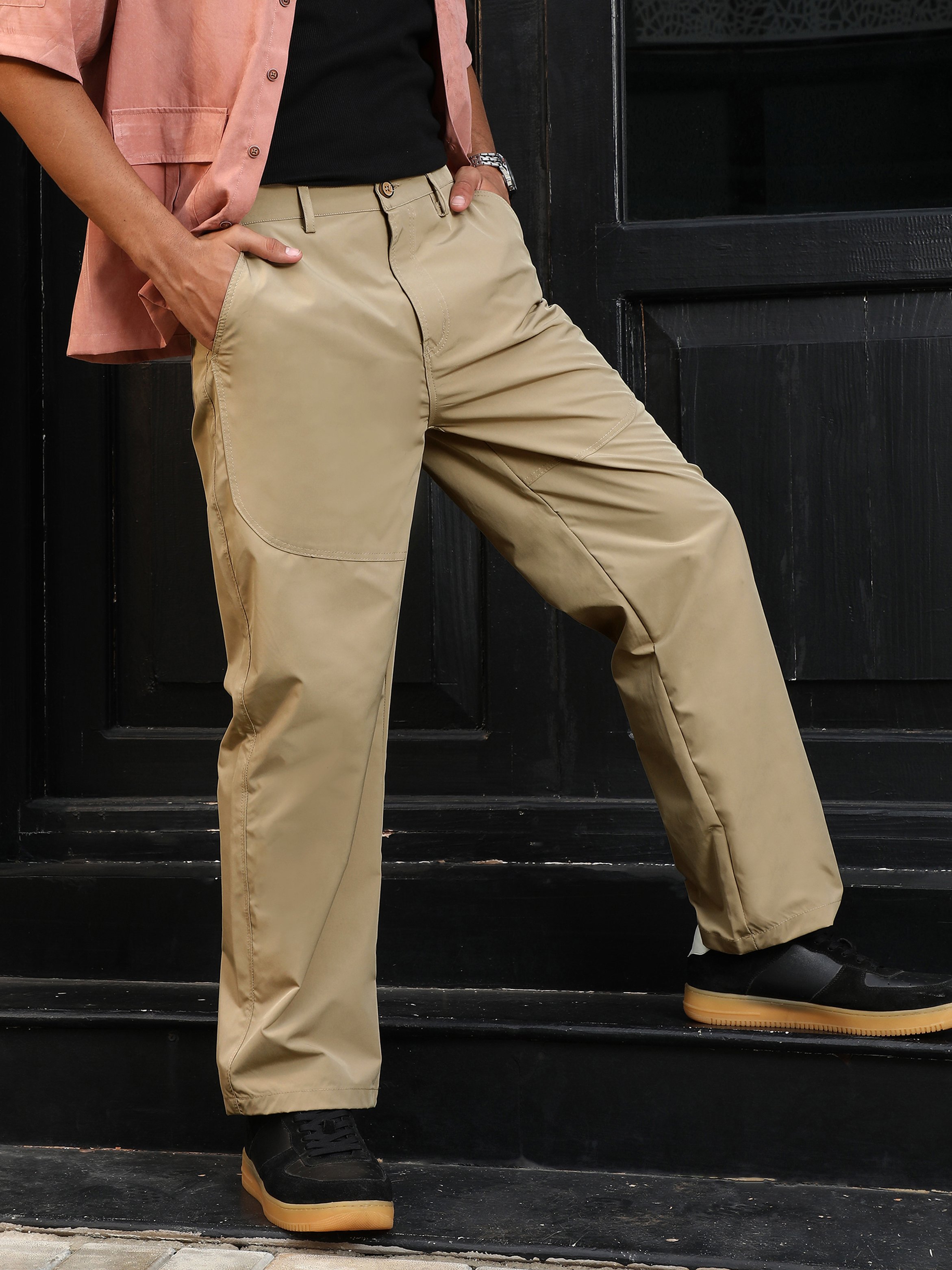 Men Sand Beige Panelled Straight-Fit Trousers