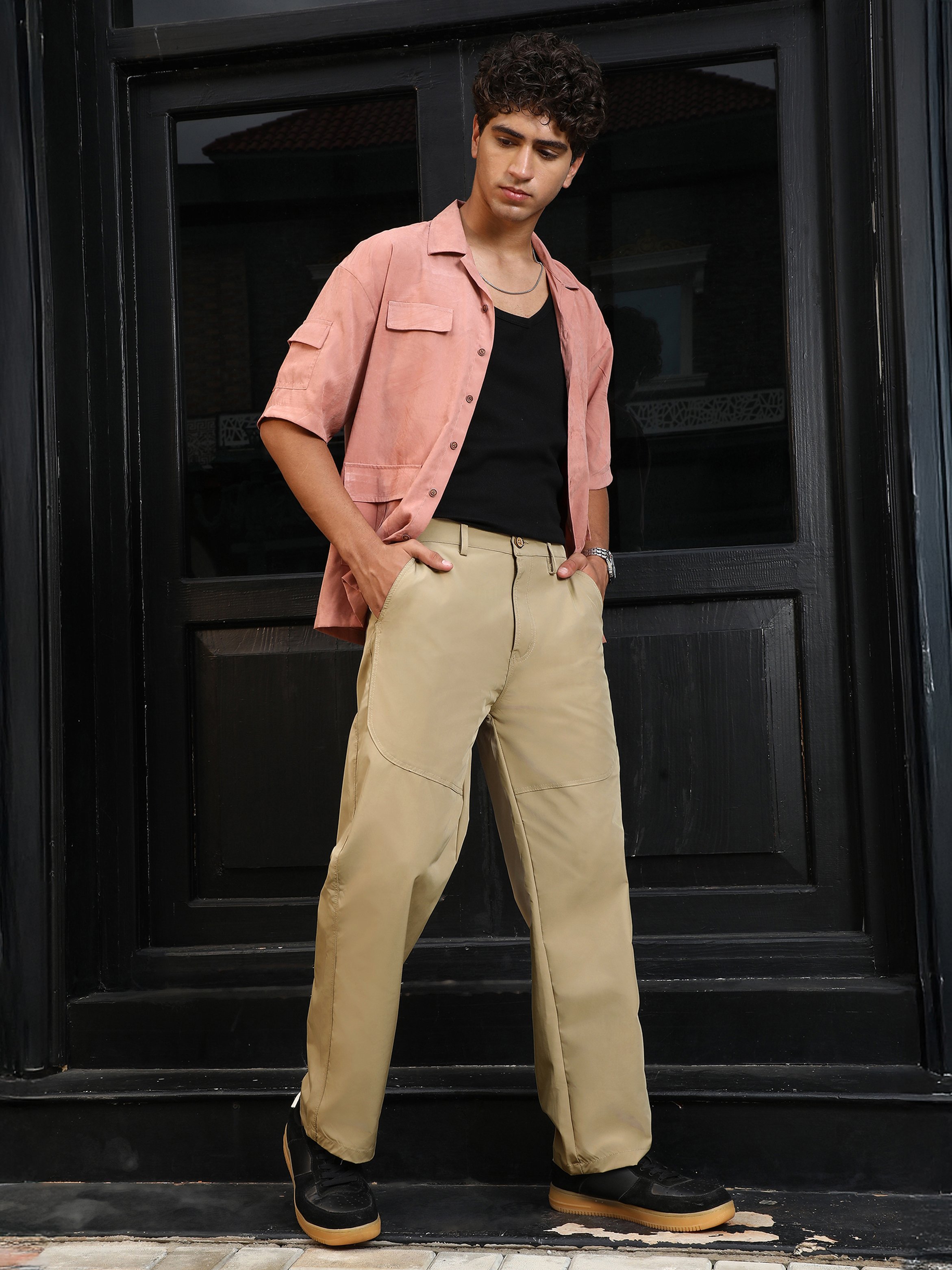 Men Sand Beige Panelled Straight-Fit Trousers
