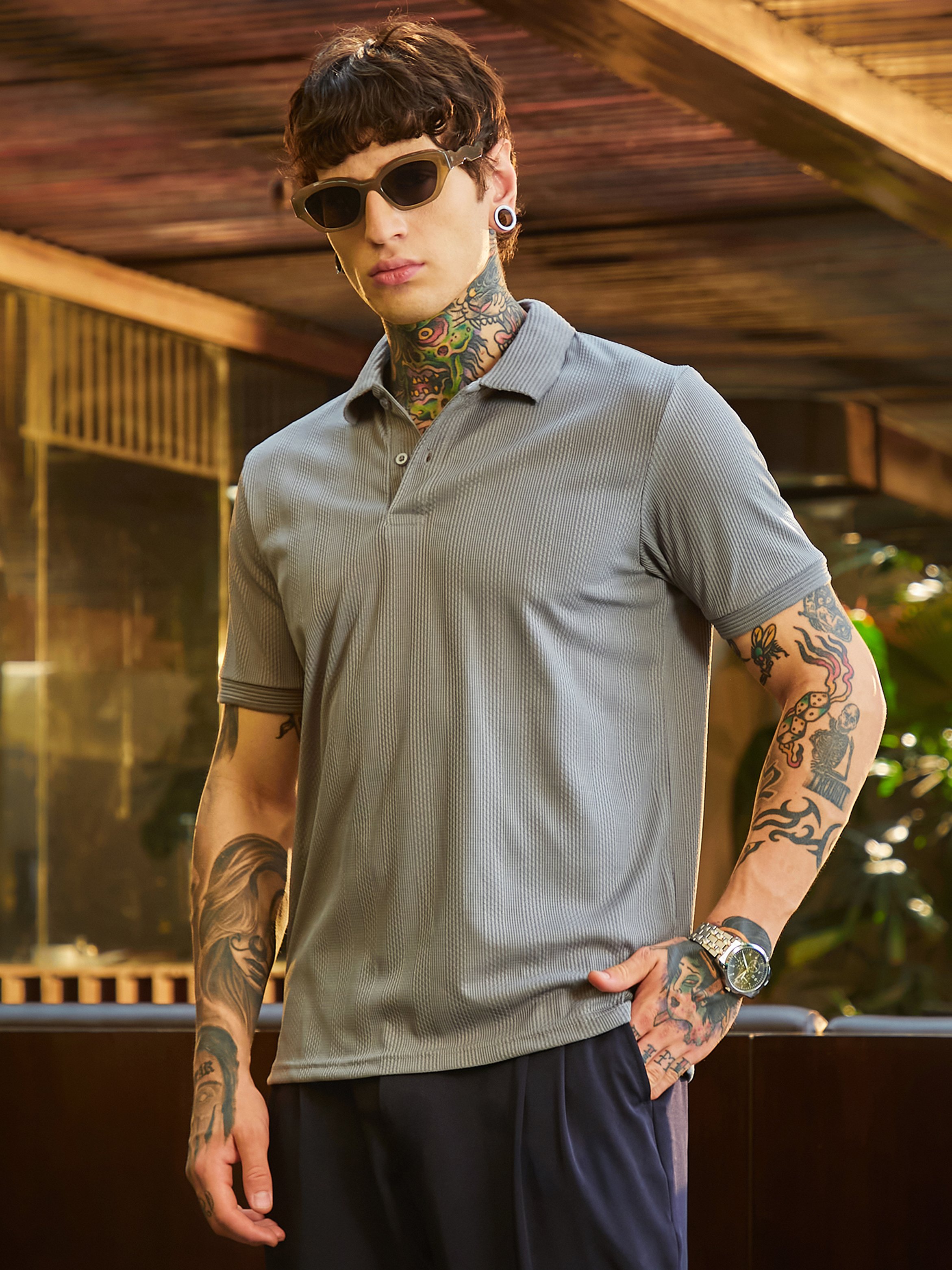 Men Grey Ribbed-Knit Polo