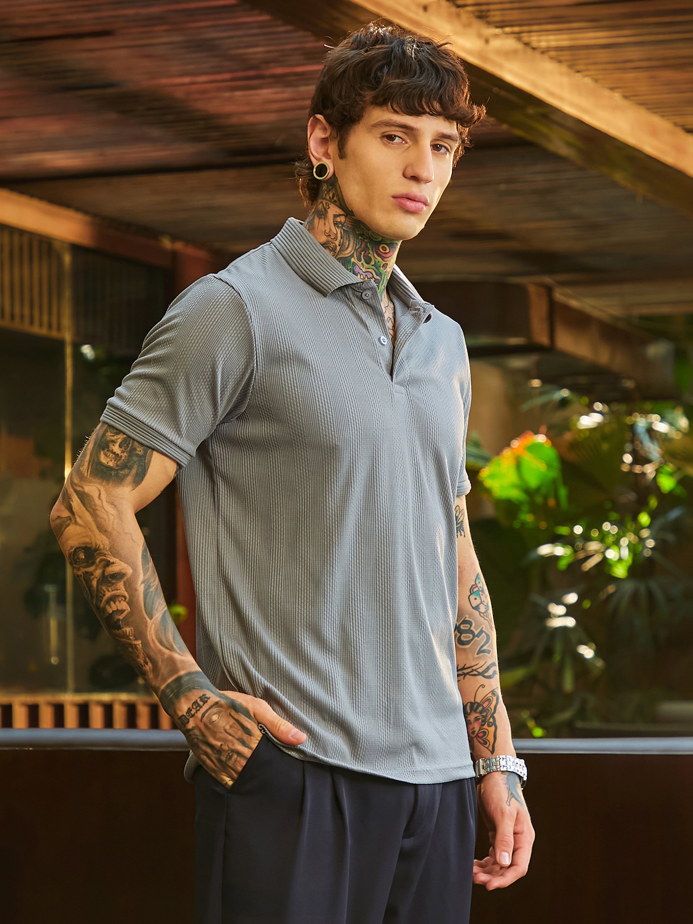 Men Grey Ribbed-Knit Polo