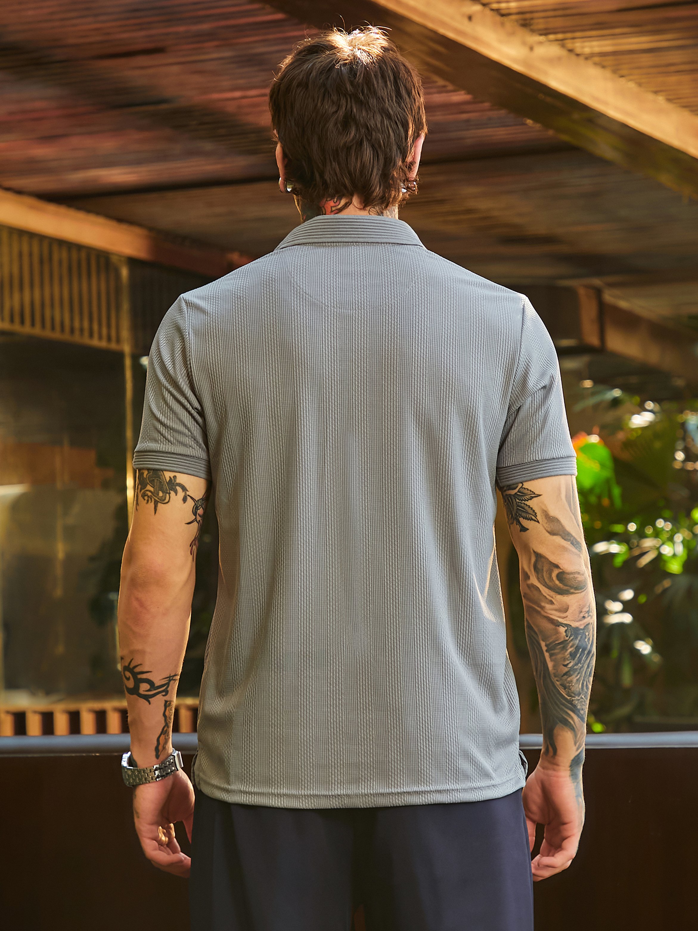 Men Grey Ribbed-Knit Polo