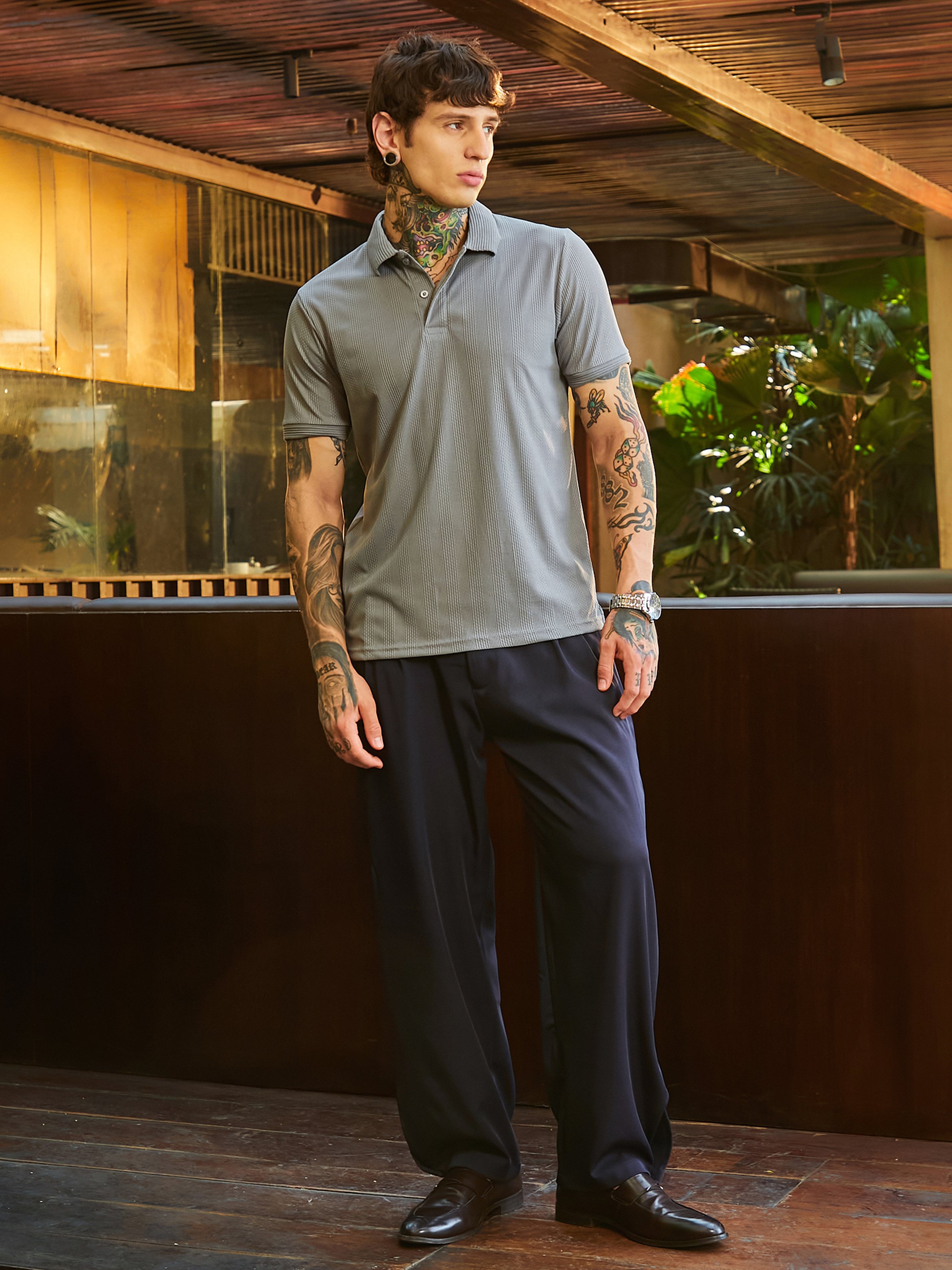 Men Grey Ribbed-Knit Polo