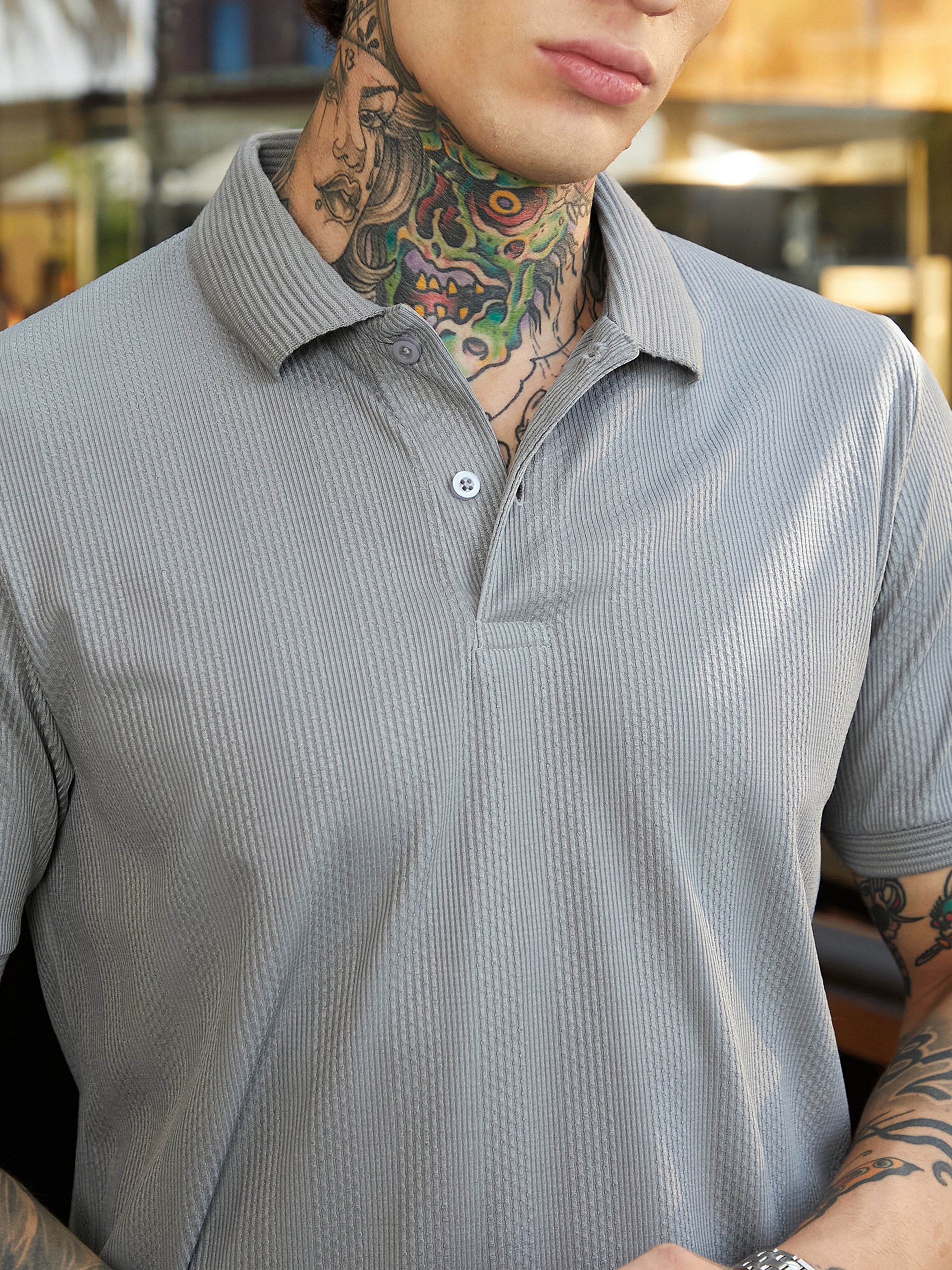 Men Grey Ribbed-Knit Polo
