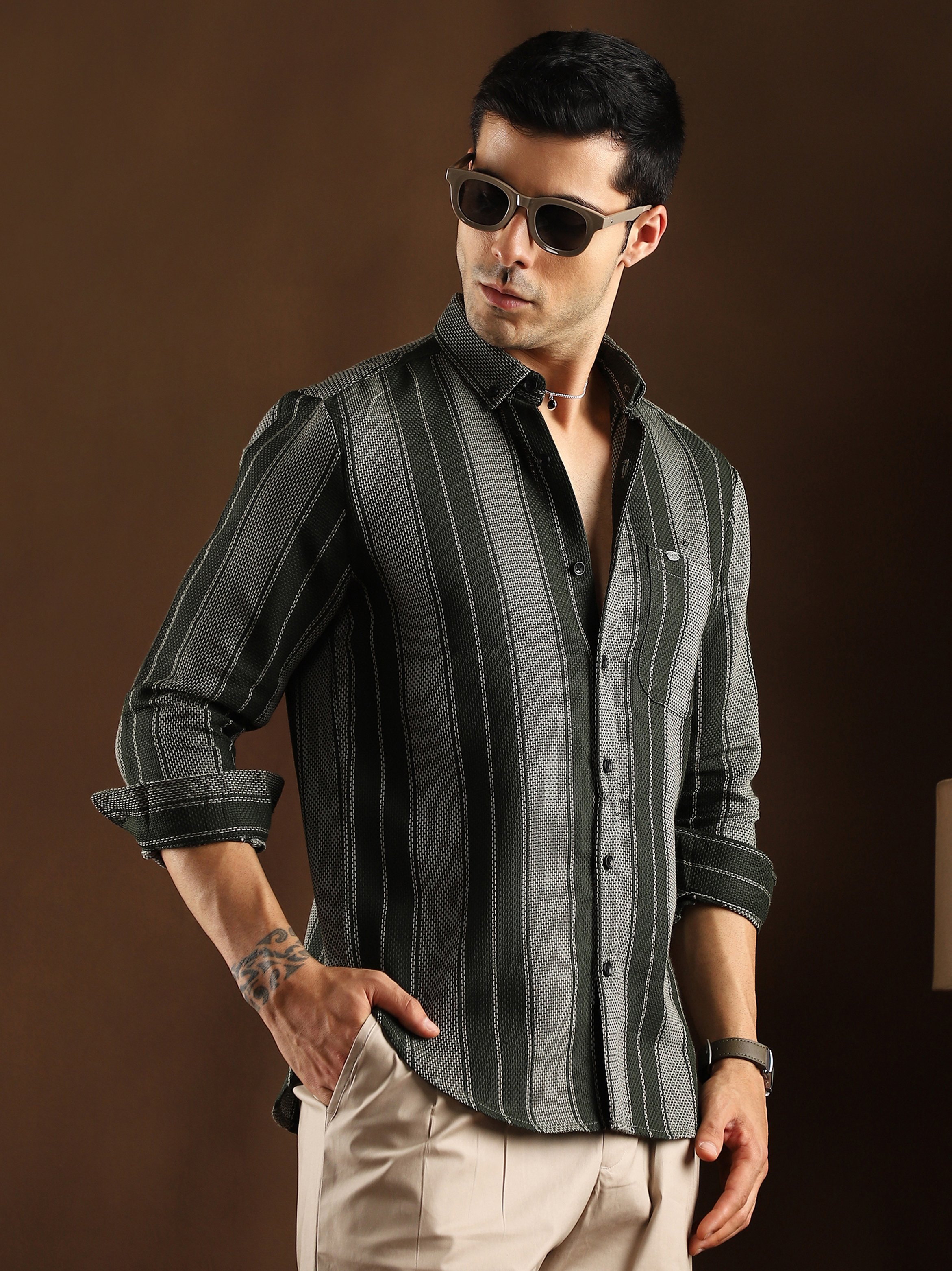 Men Dark Green Striped Regular Shirt
