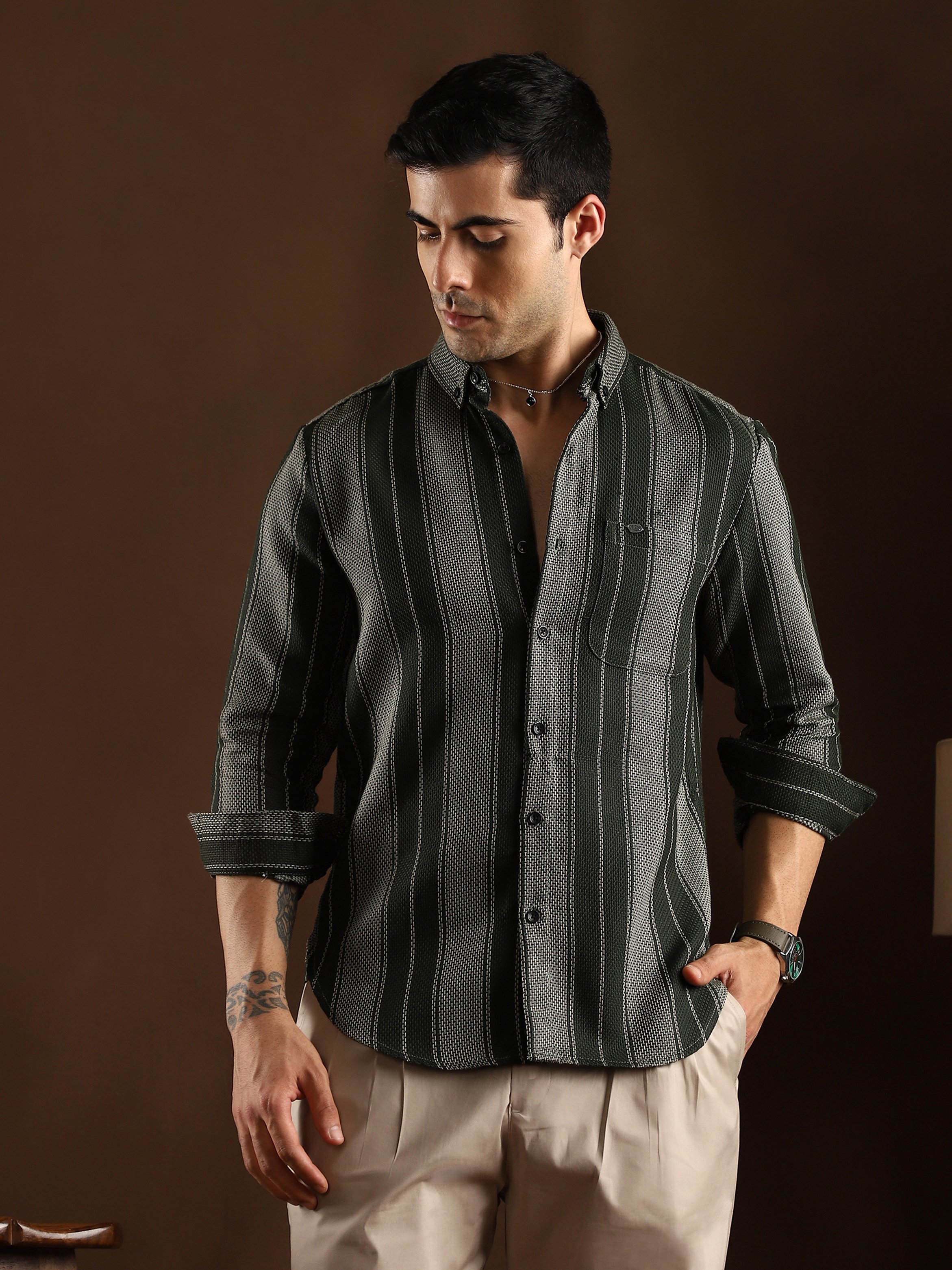 Men Dark Green Striped Regular Shirt