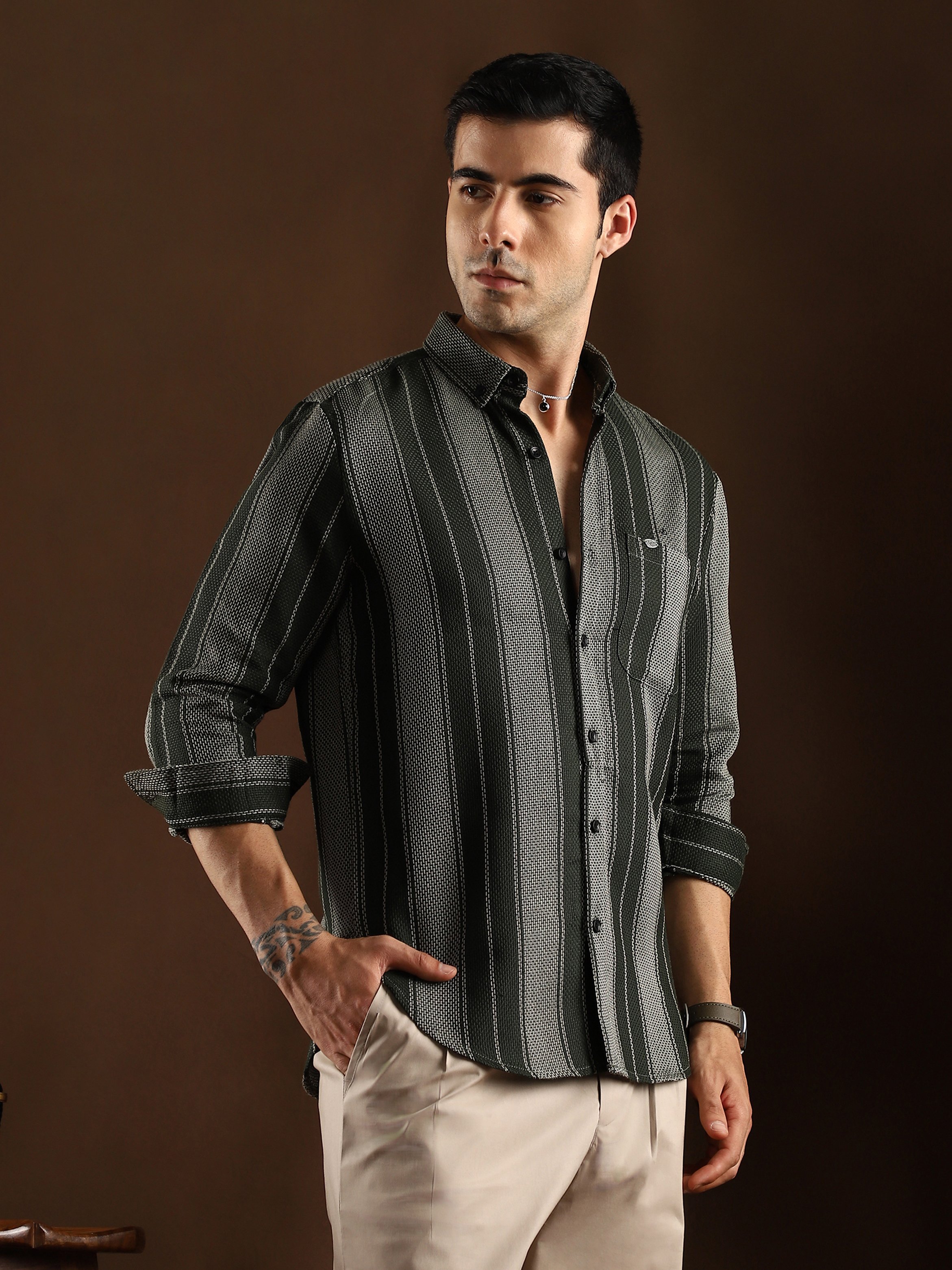 Men Dark Green Striped Regular Shirt