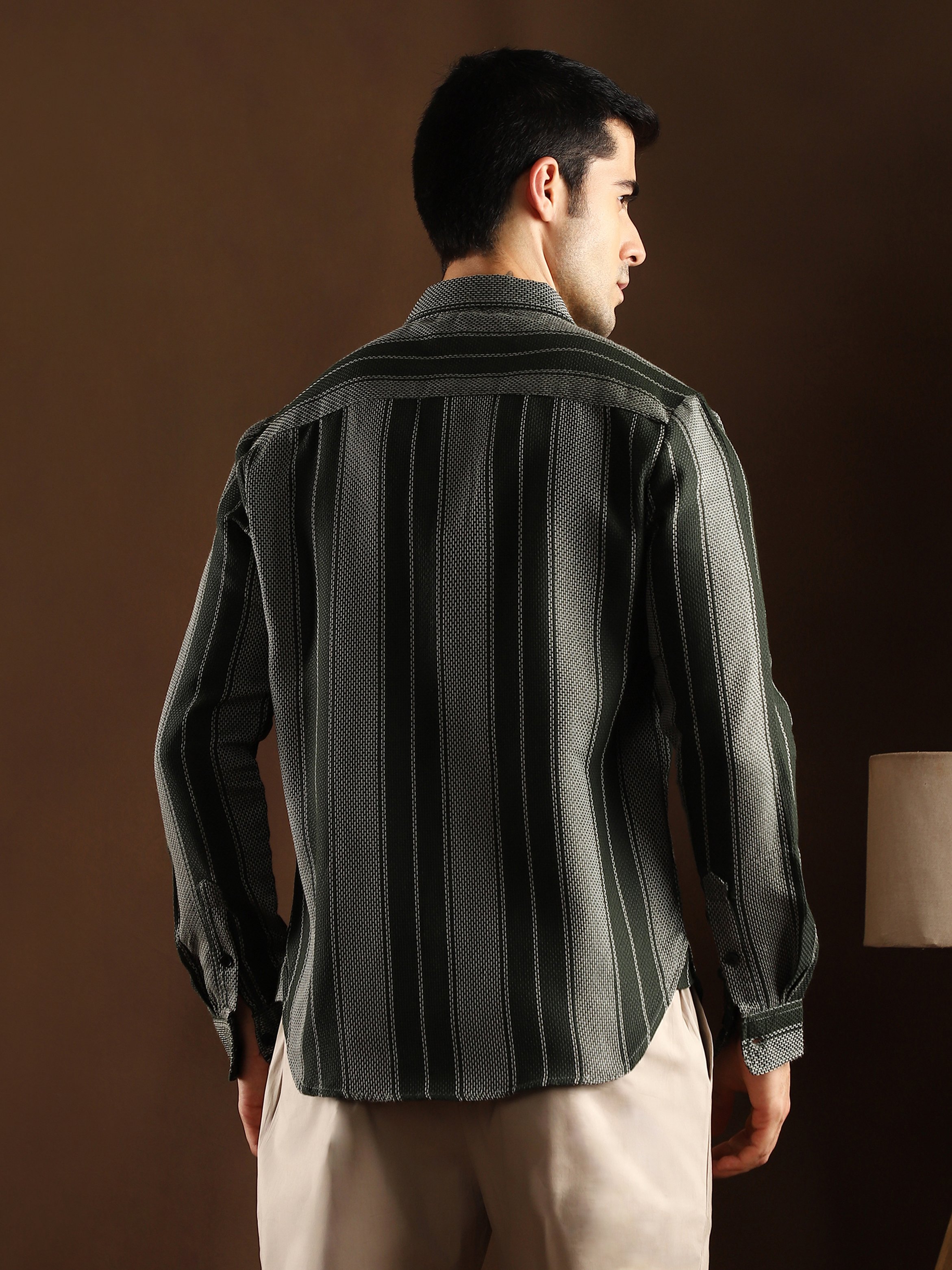 Men Dark Green Striped Regular Shirt