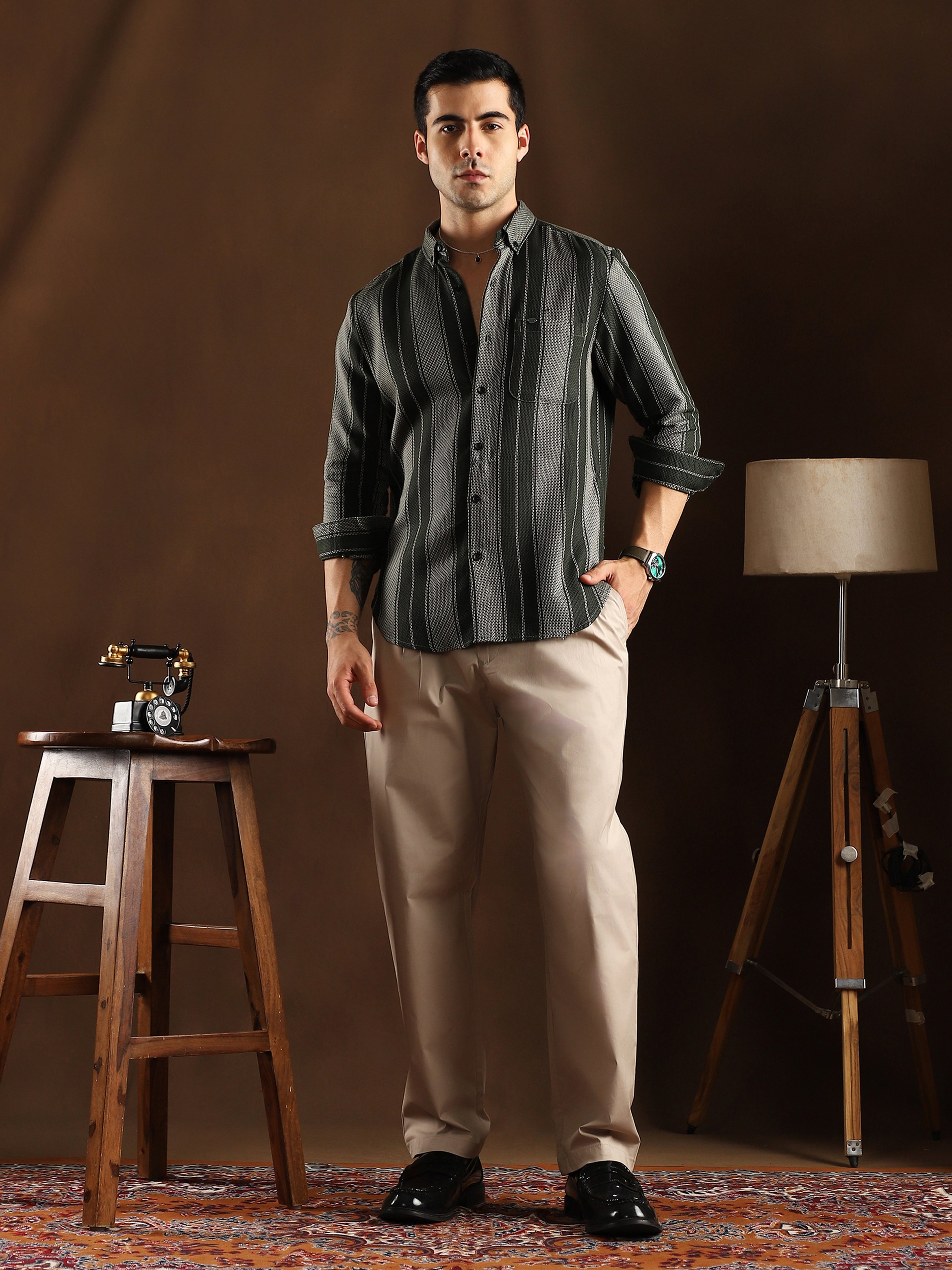 Men Dark Green Striped Regular Shirt