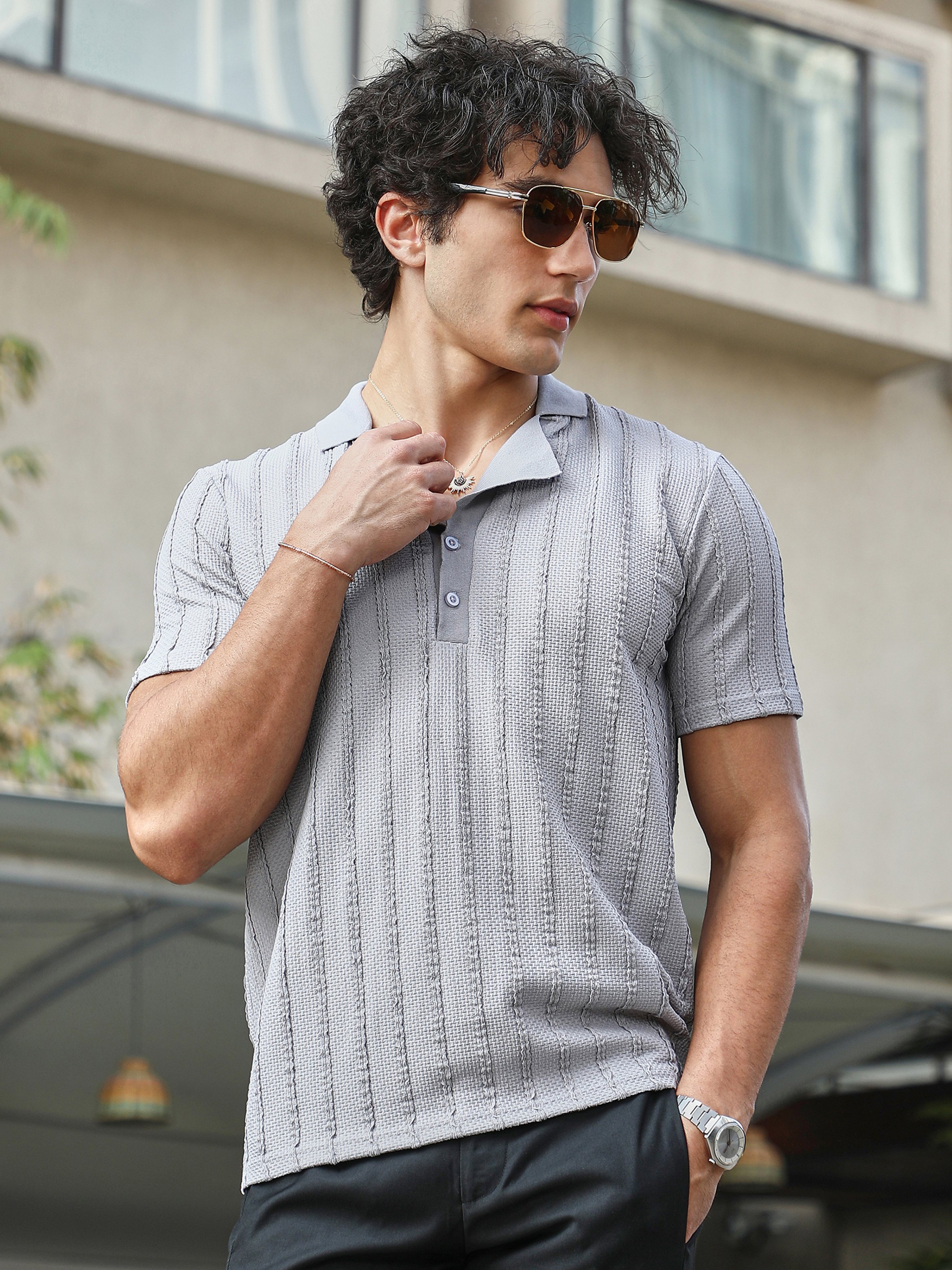 Men Grey Textured Knit Short Sleeve Polo