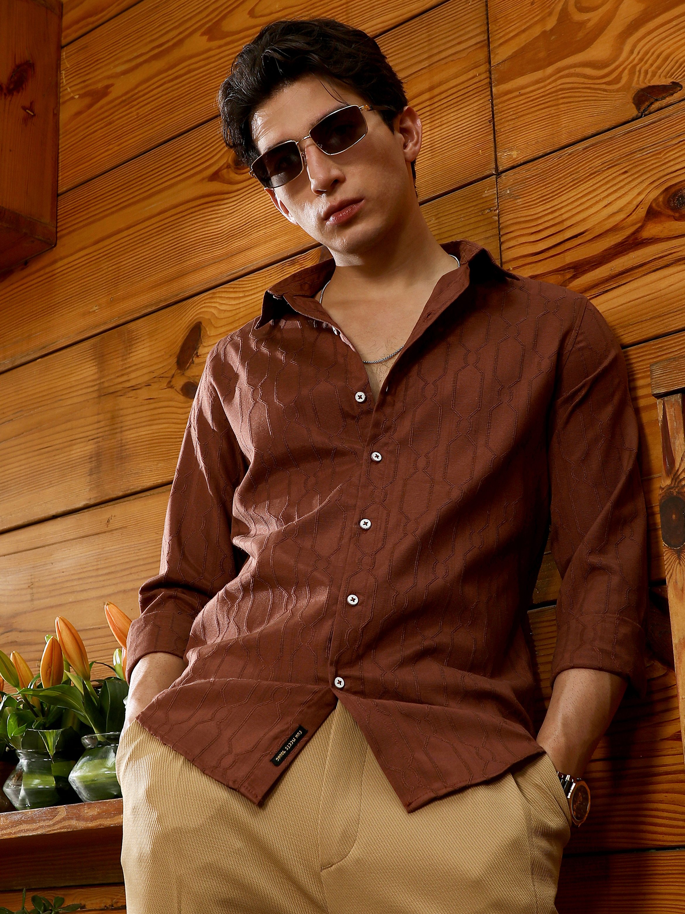 Men Chocolate Brown Geometric Jacquard Shirt