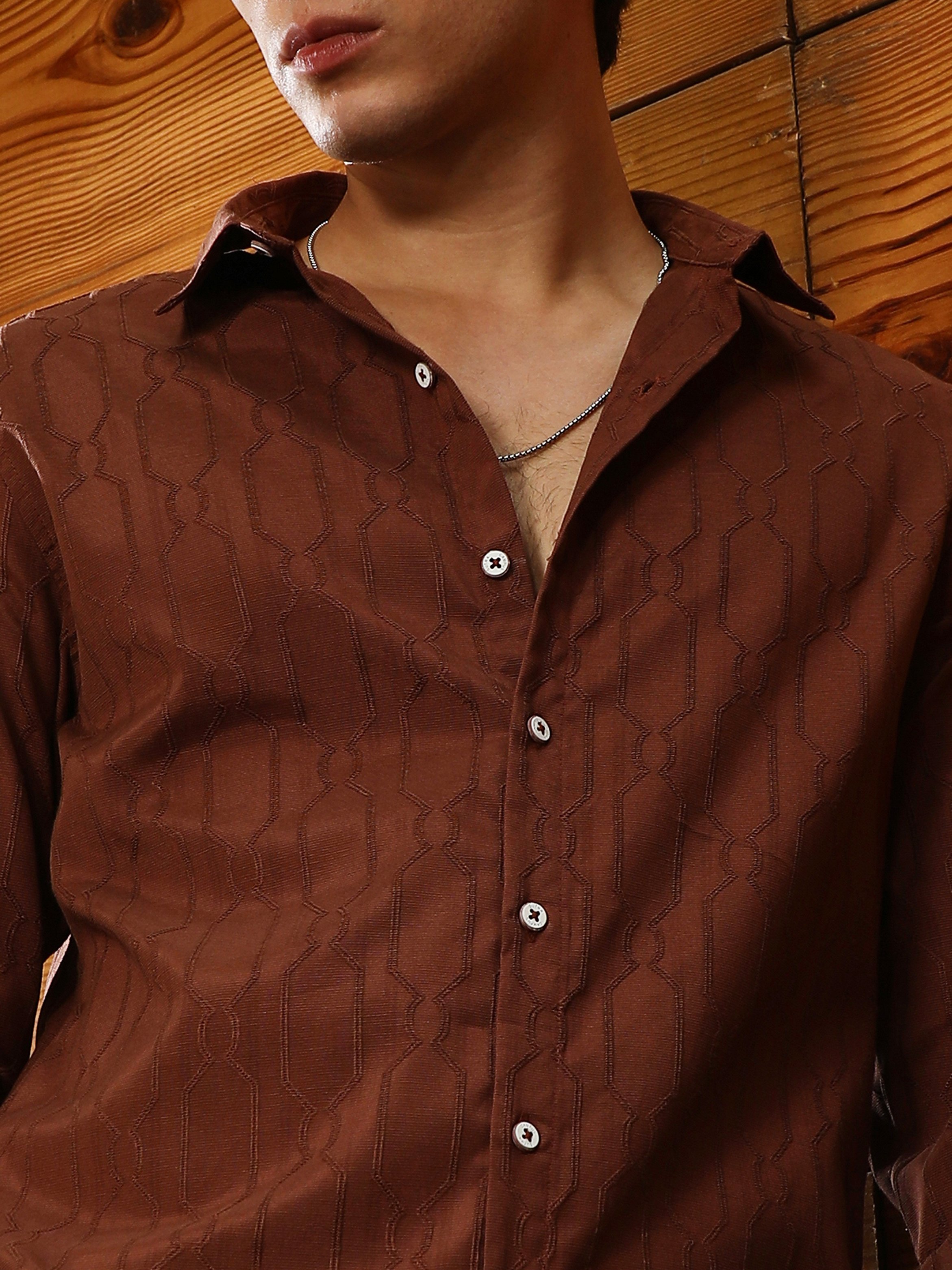 Men Chocolate Brown Geometric Jacquard Shirt