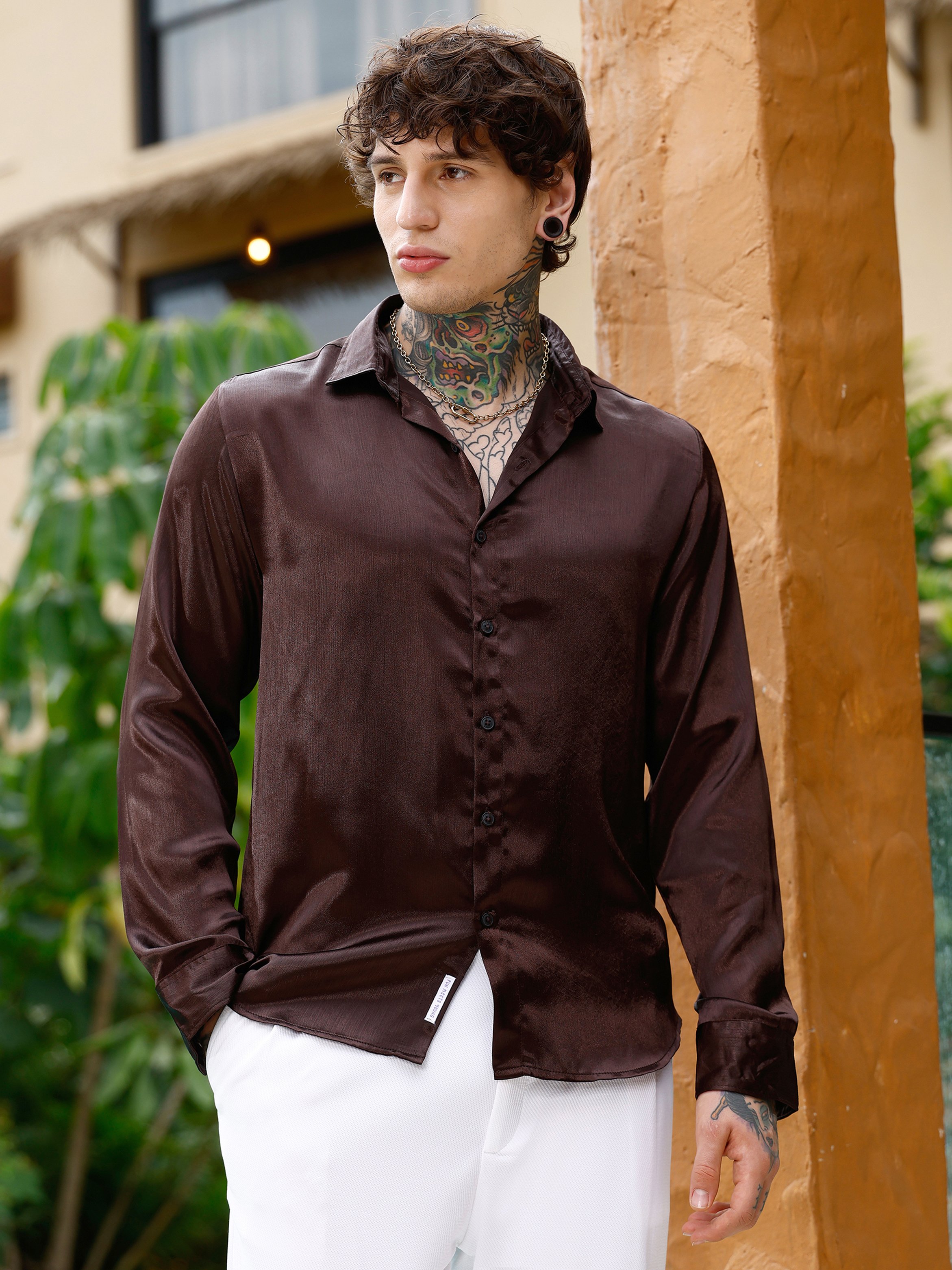 Men Chocolate Brown Brushed-Satin Regular Shirt