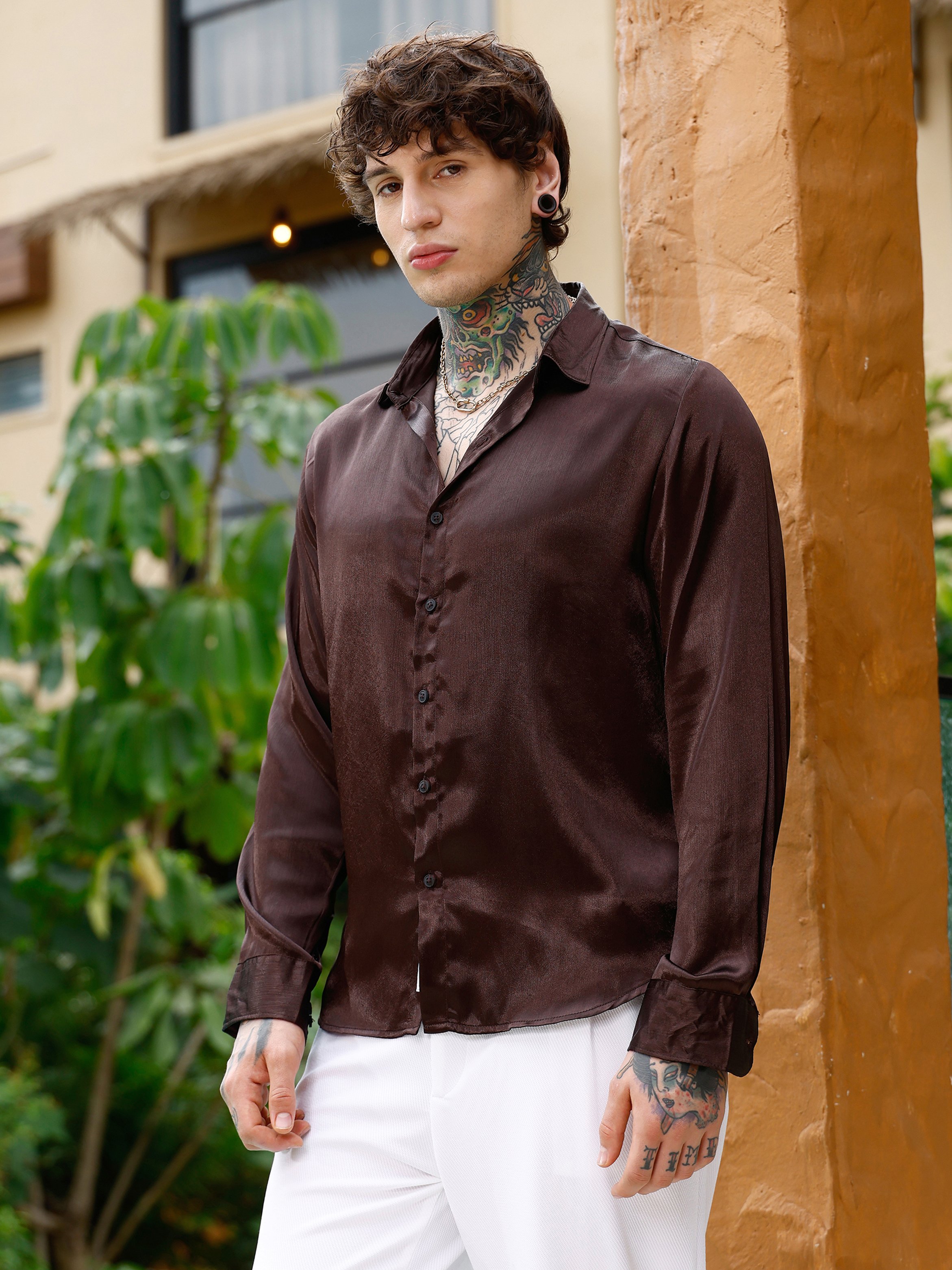 Men Chocolate Brown Brushed-Satin Regular Shirt