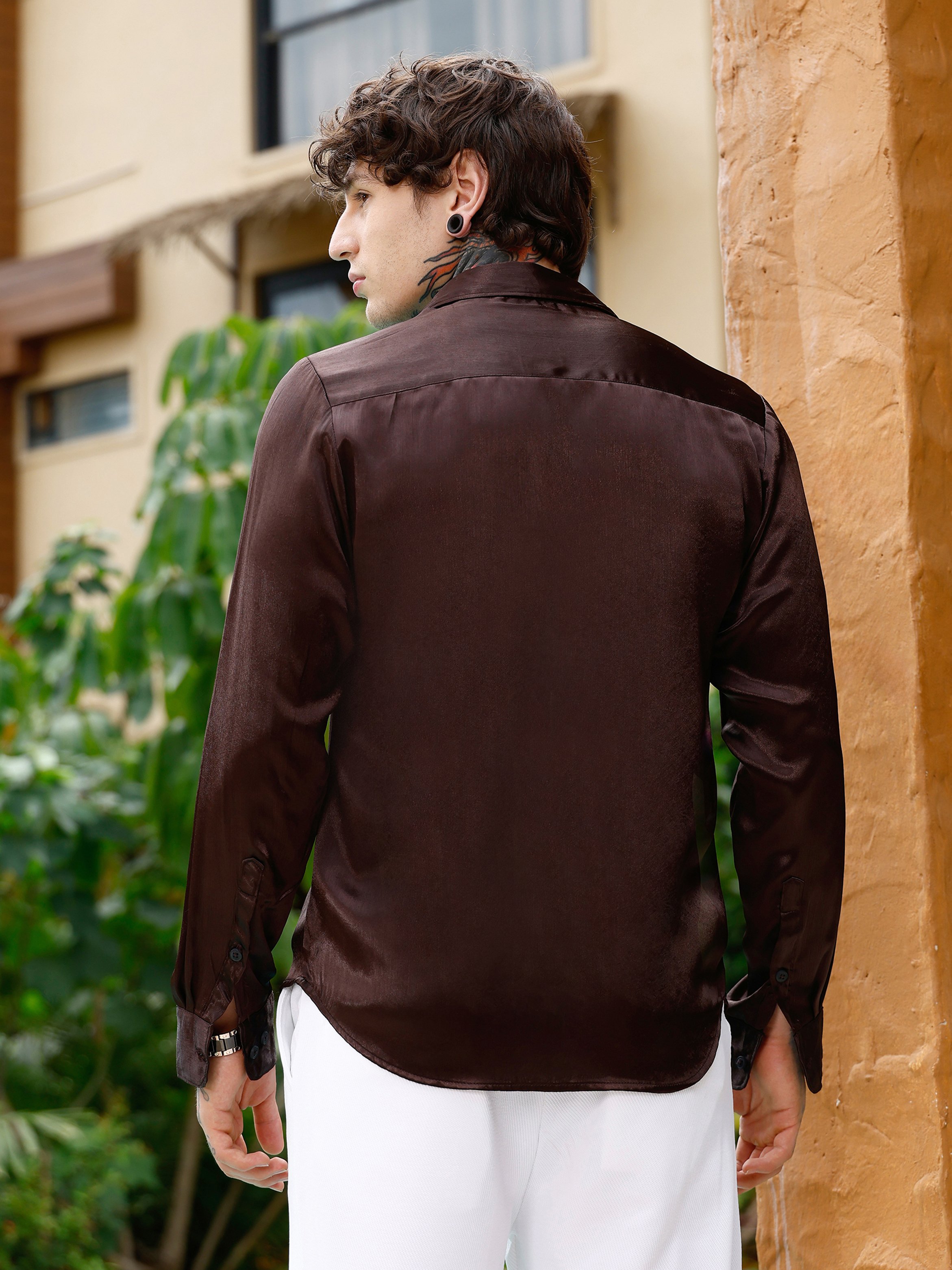 Men Chocolate Brown Brushed-Satin Regular Shirt