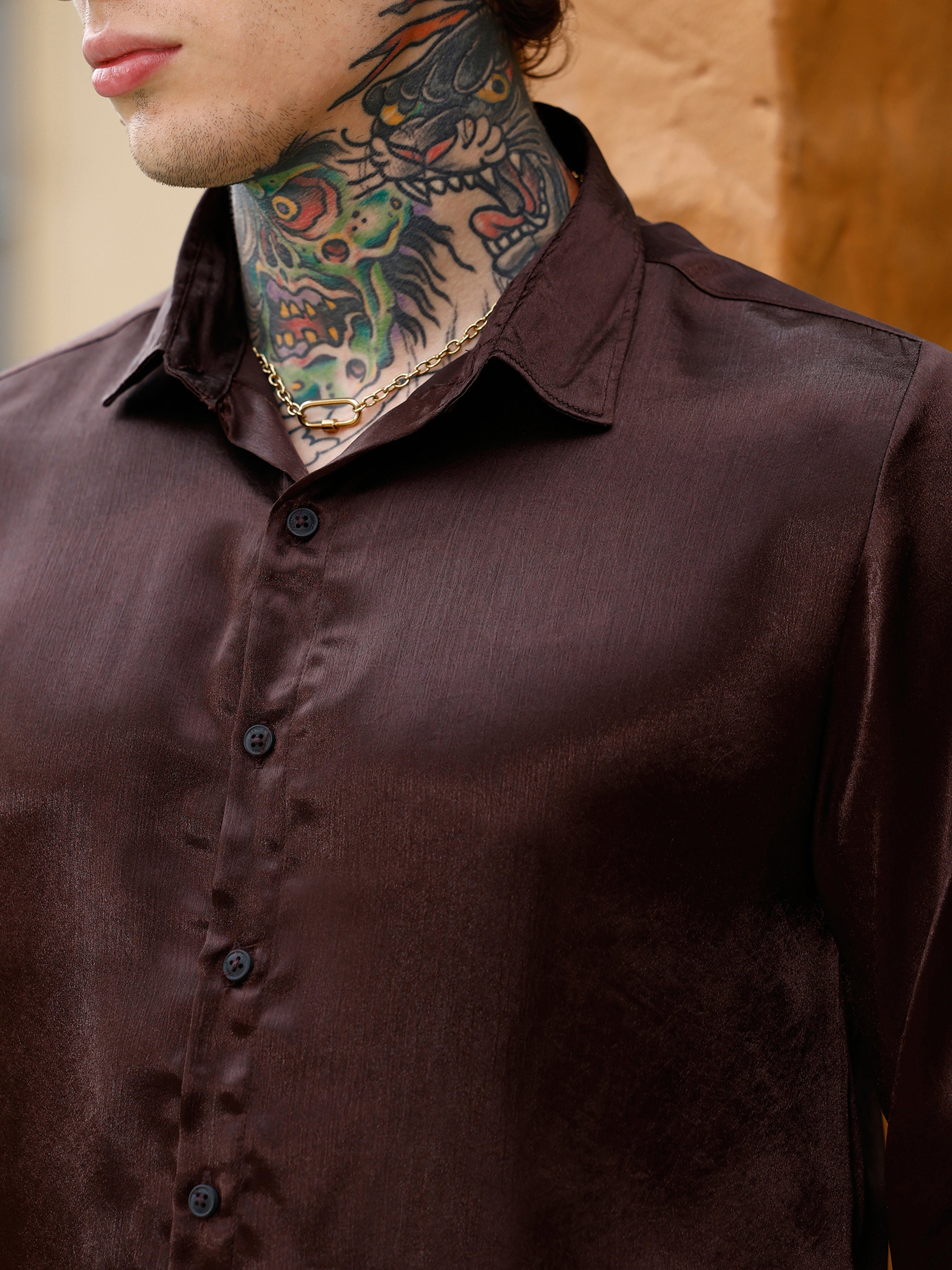 Men Chocolate Brown Brushed-Satin Regular Shirt
