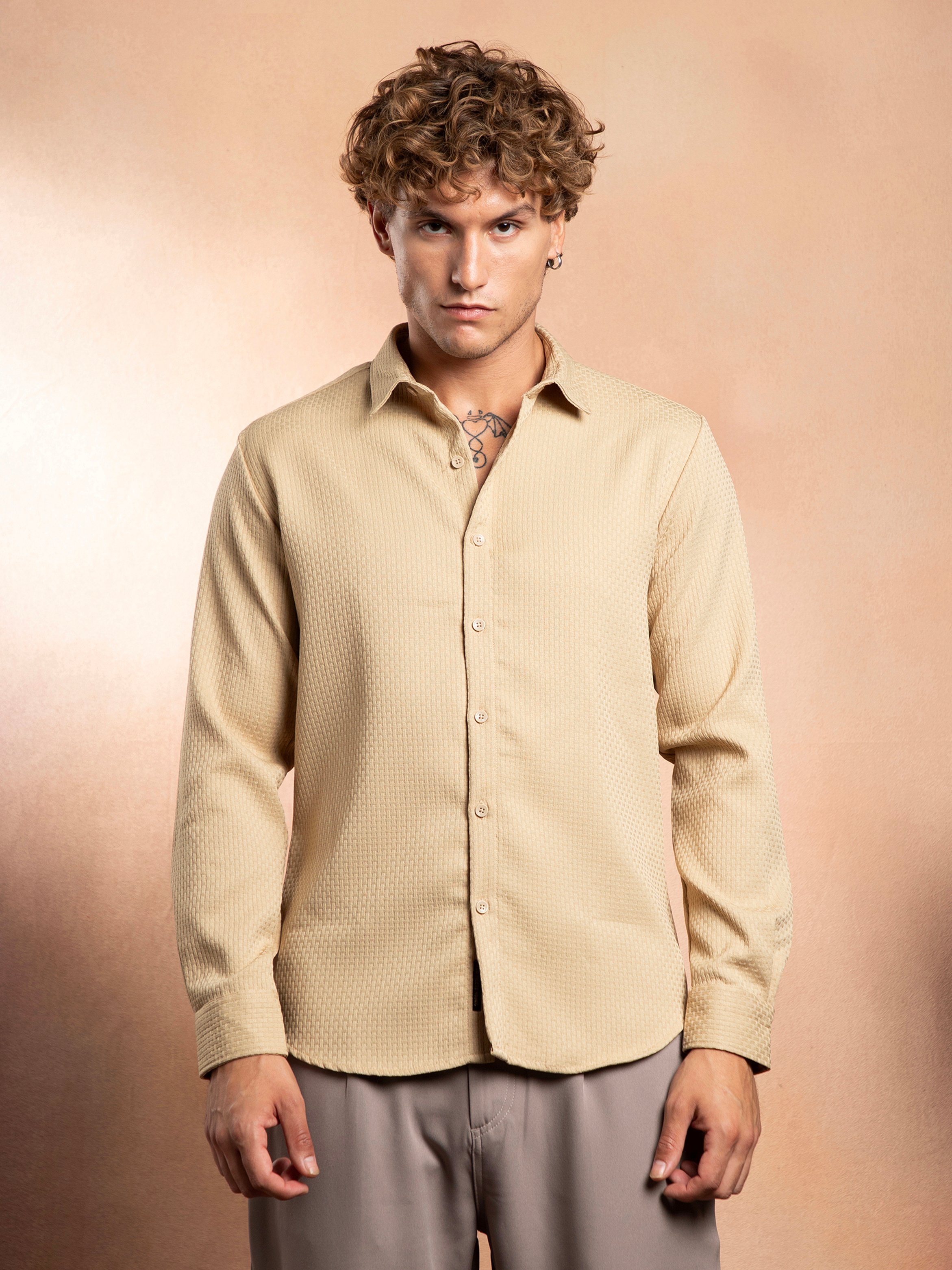 Men Beige Textured Regular Shirt