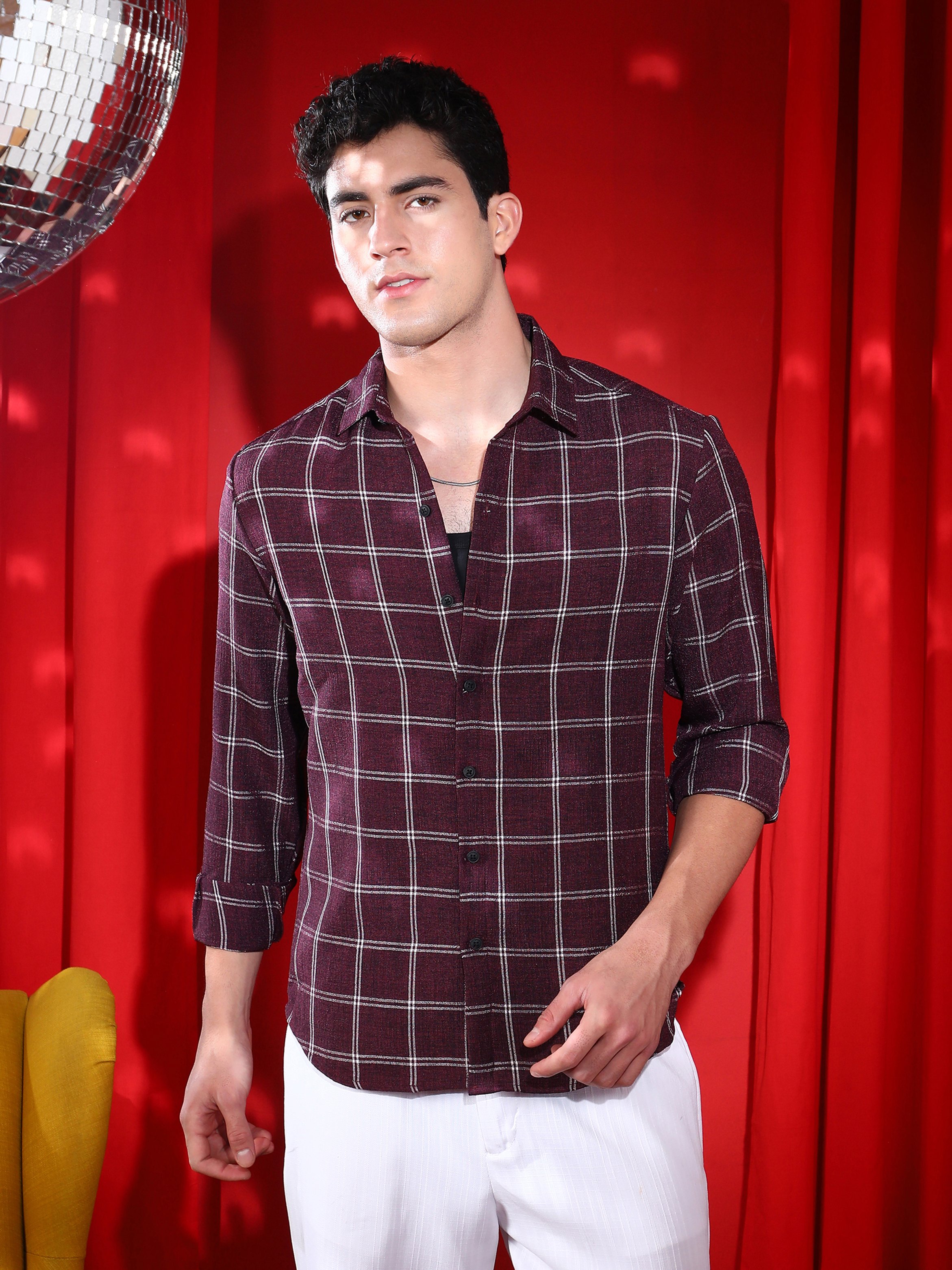 Men Wine Red Checked Regular Shirt