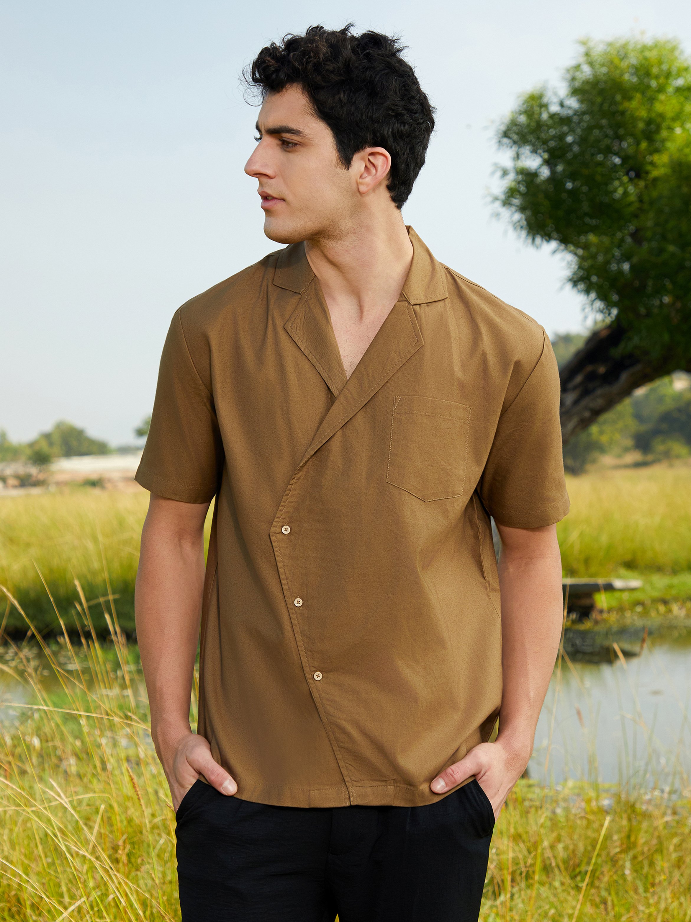Men Brown Asymmetrical Cuban Shirt