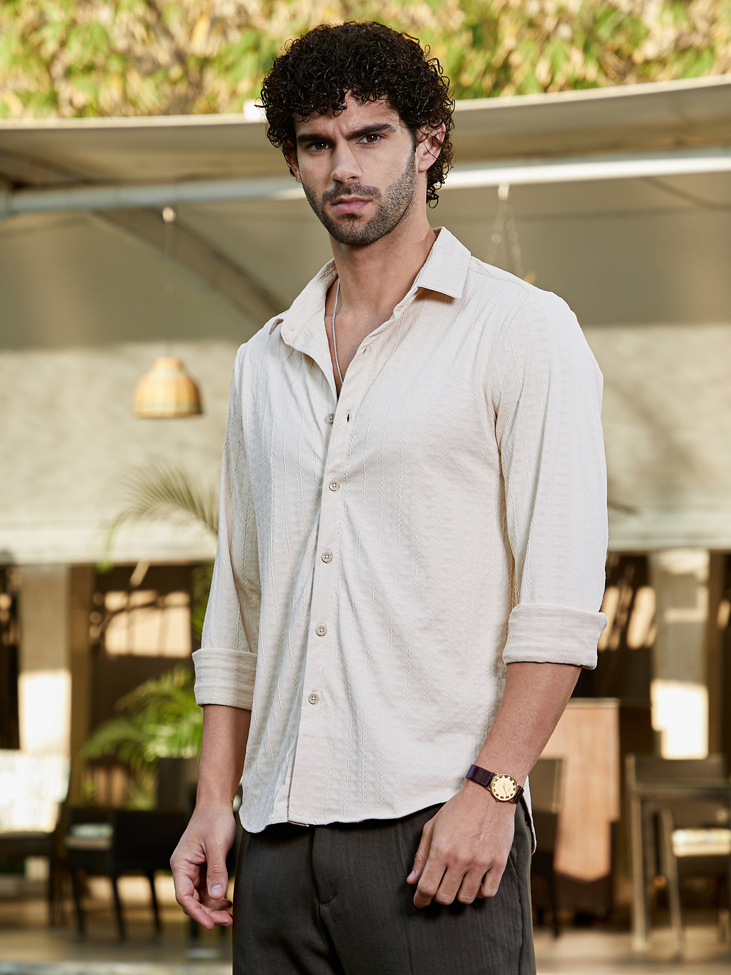 Men Beige Spread Collar Shirt