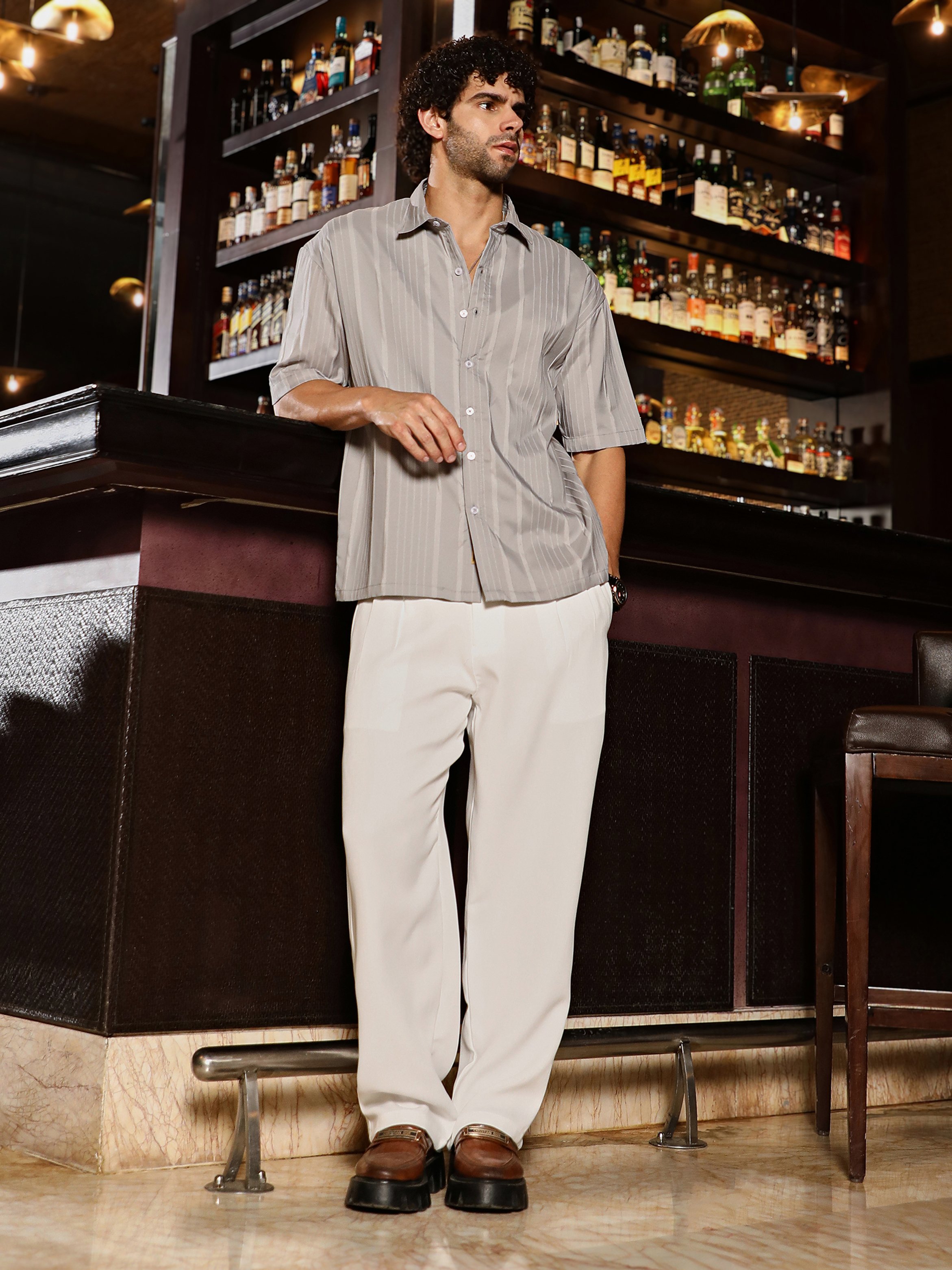 Men Grey Striped Oversized Shirt