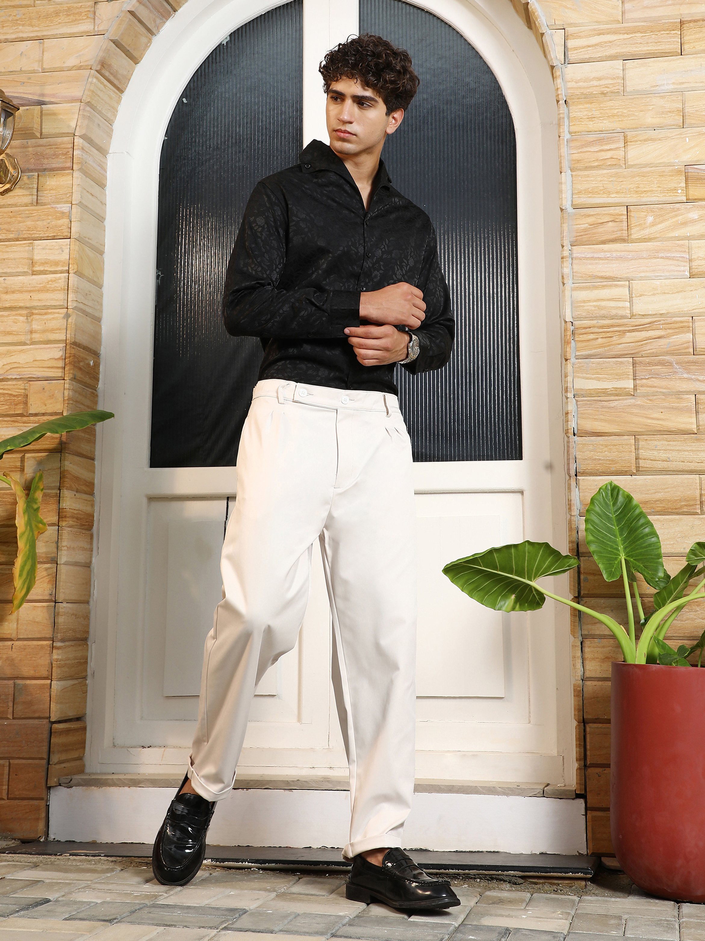 Men Off-White Extended-Waistband Solid Trousers