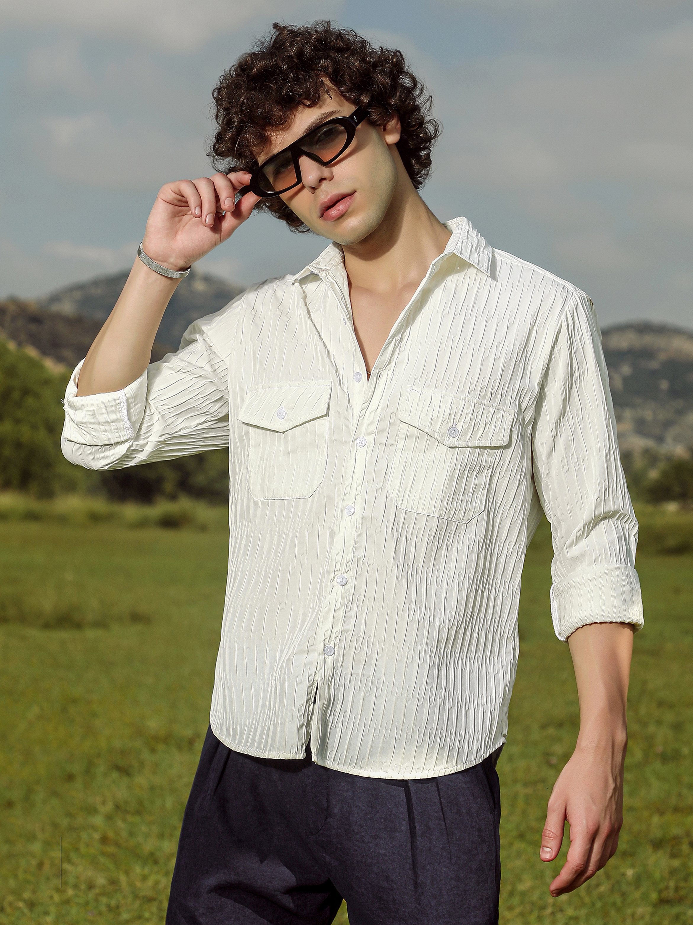 Men White Textured Utility Shirt