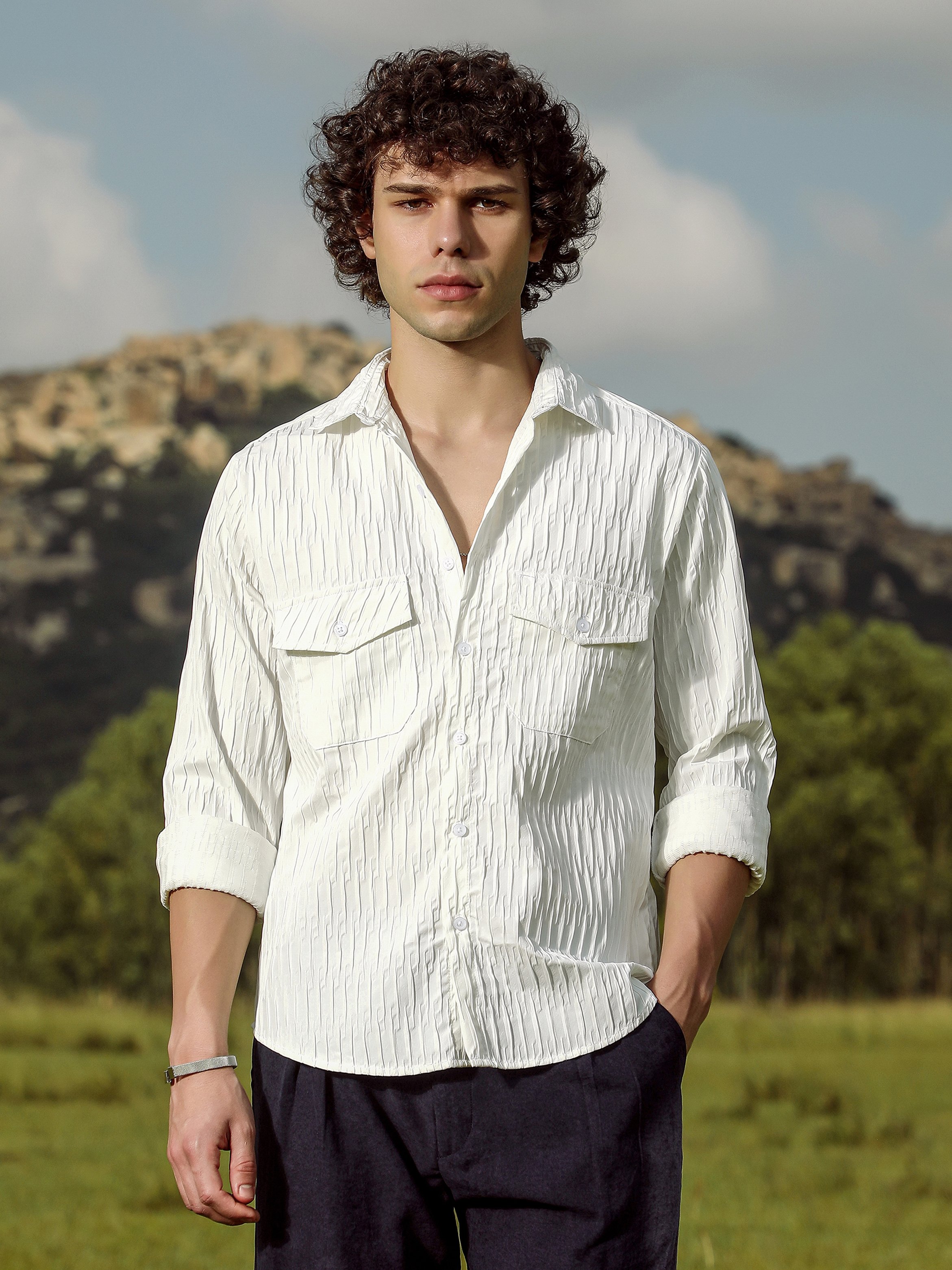Men White Textured Utility Shirt