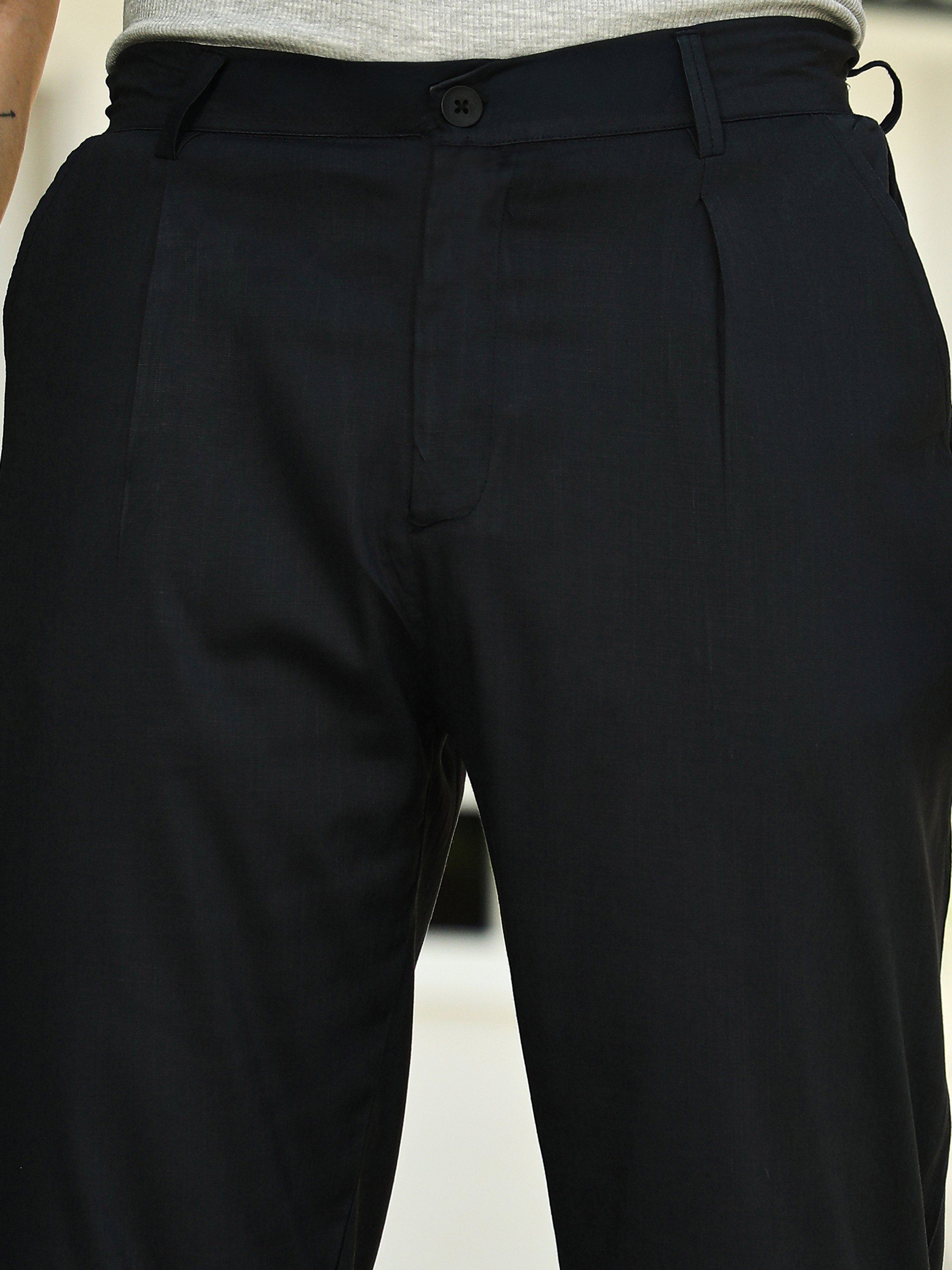 Men Midnight Black Linen-Blend Tapered Trousers