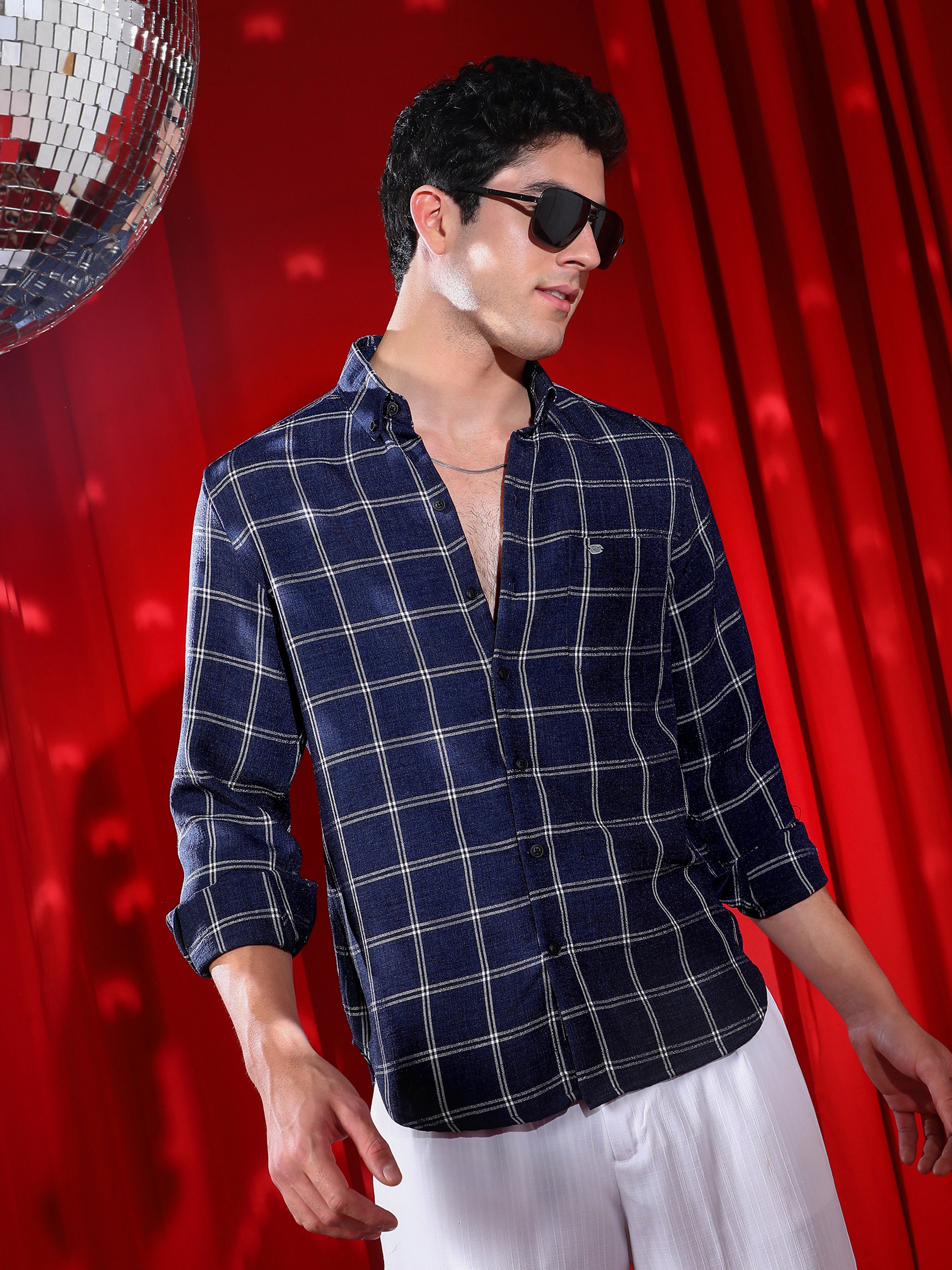 Men Navy Blue Checked Regular Shirt