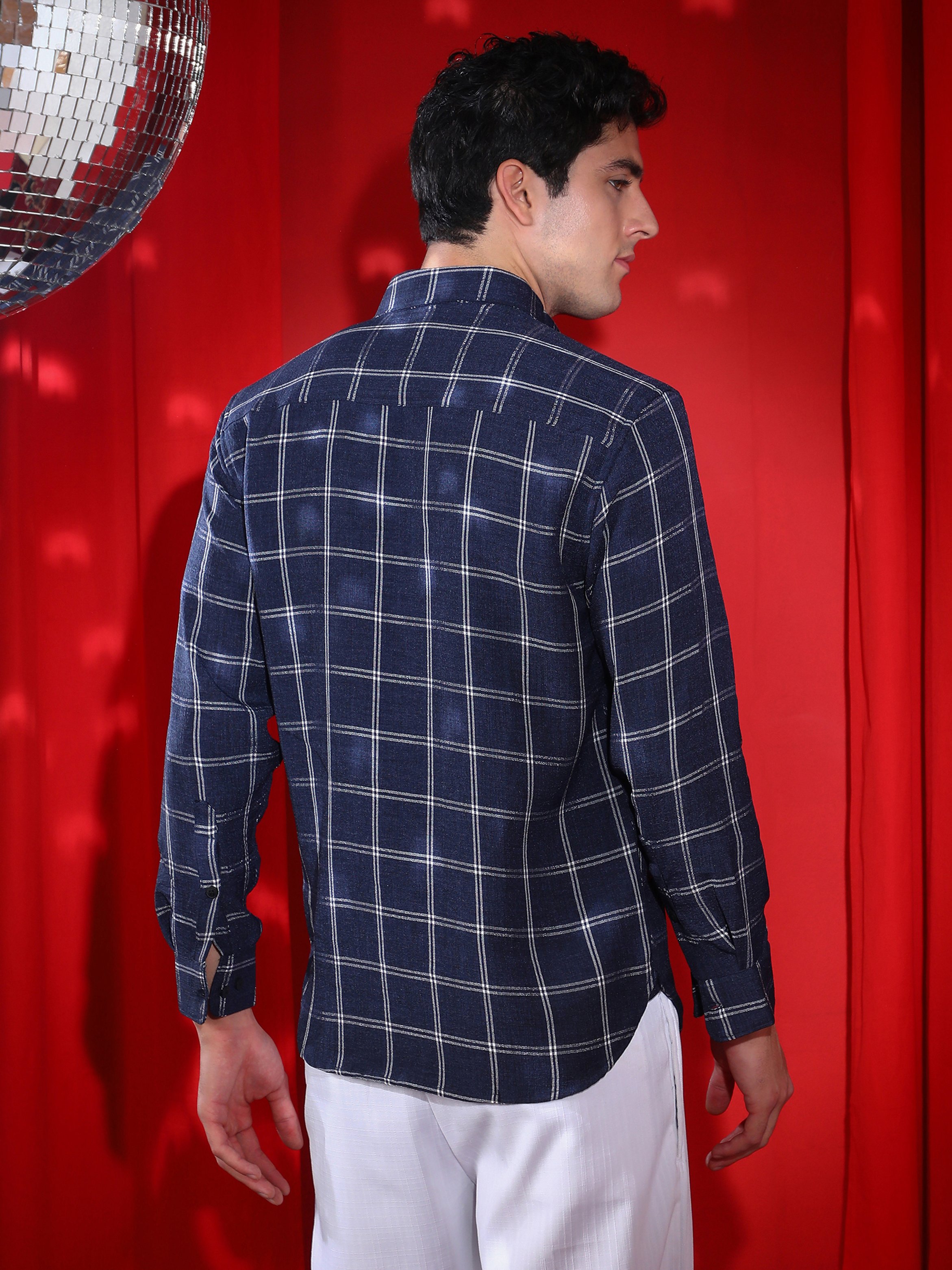 Men Navy Blue Checked Regular Shirt