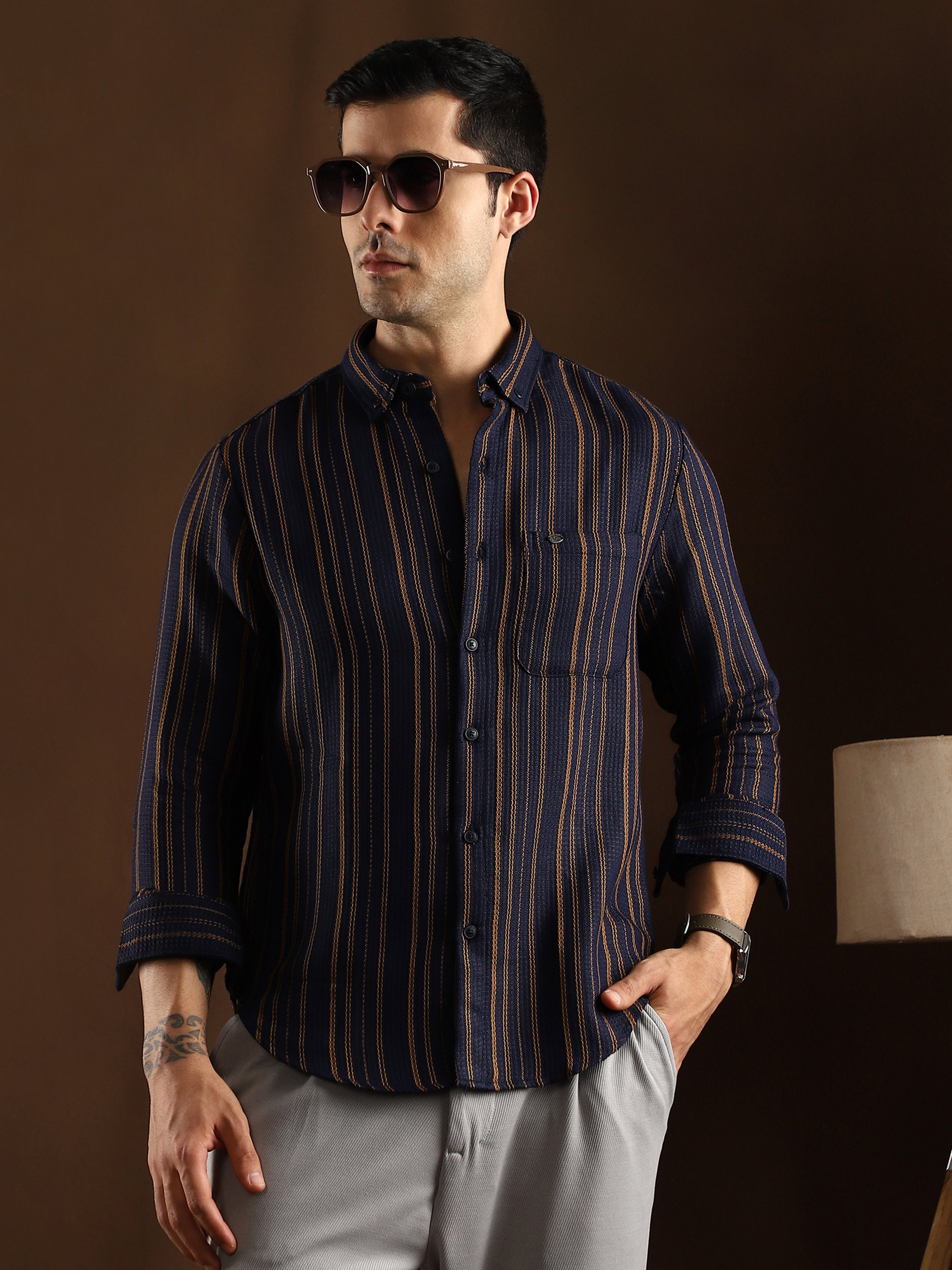 Men Navy Blue Multitrack-Striped Regular Shirt