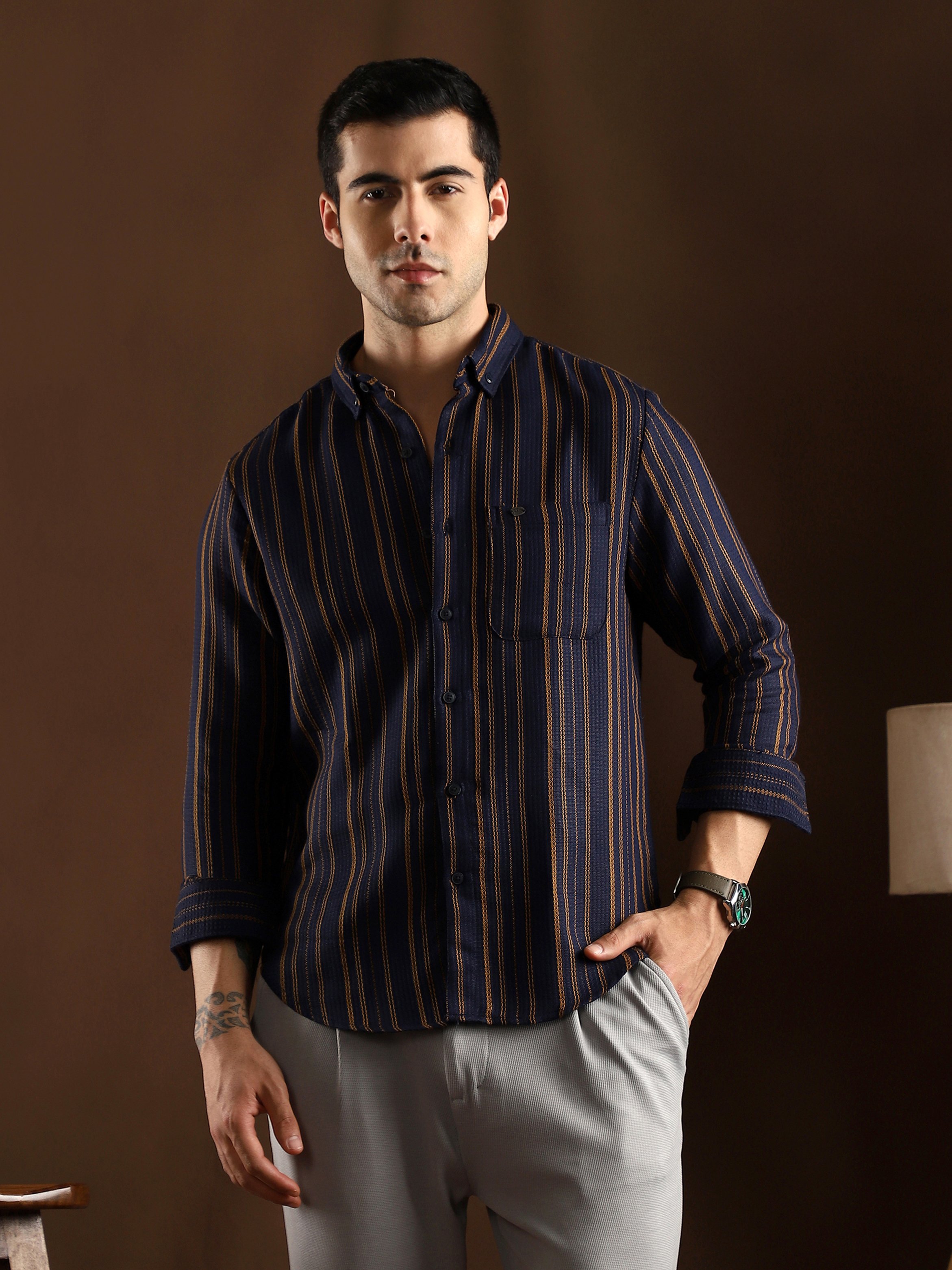 Men Navy Blue Multitrack-Striped Regular Shirt