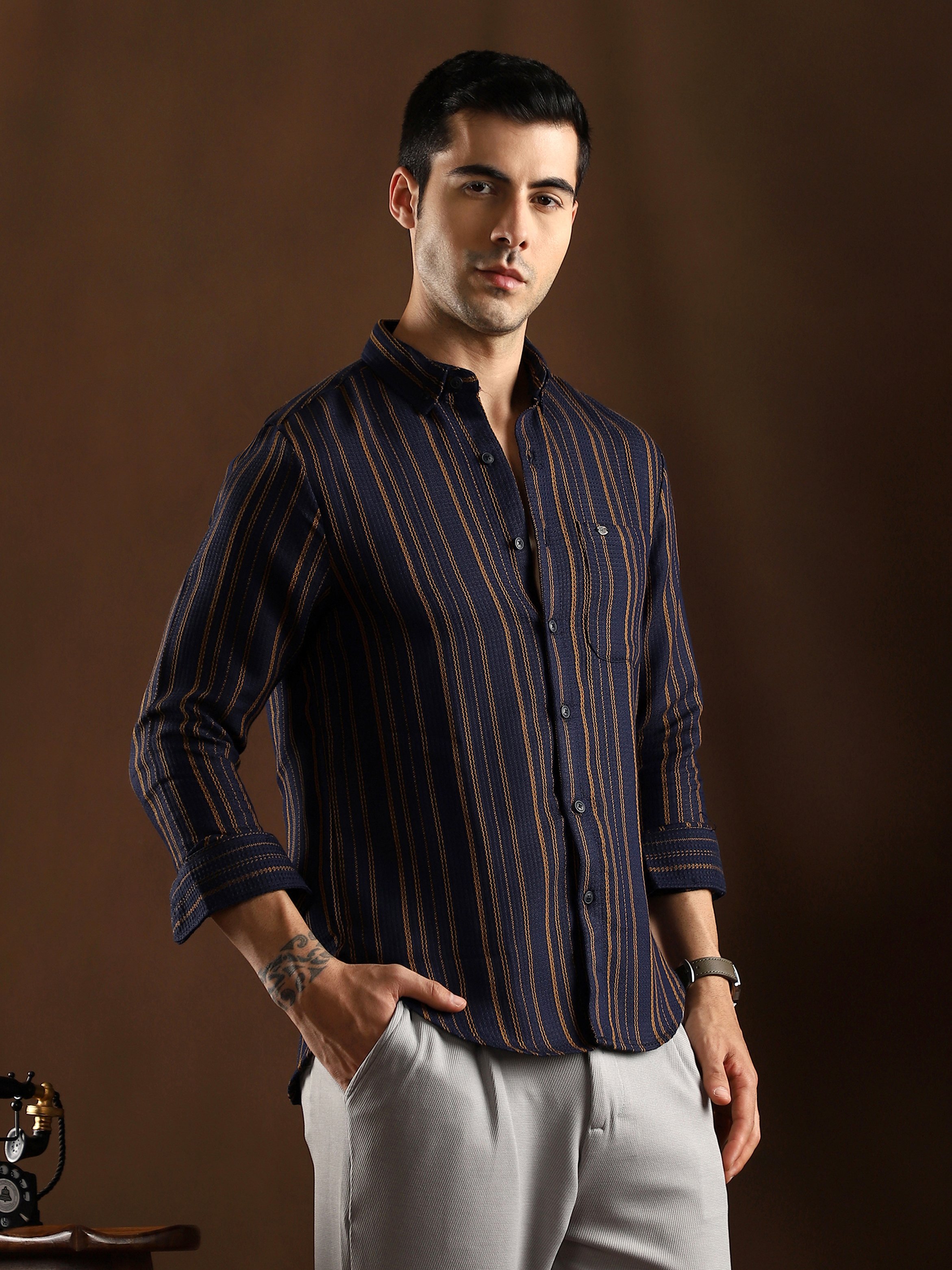 Men Navy Blue Multitrack-Striped Regular Shirt