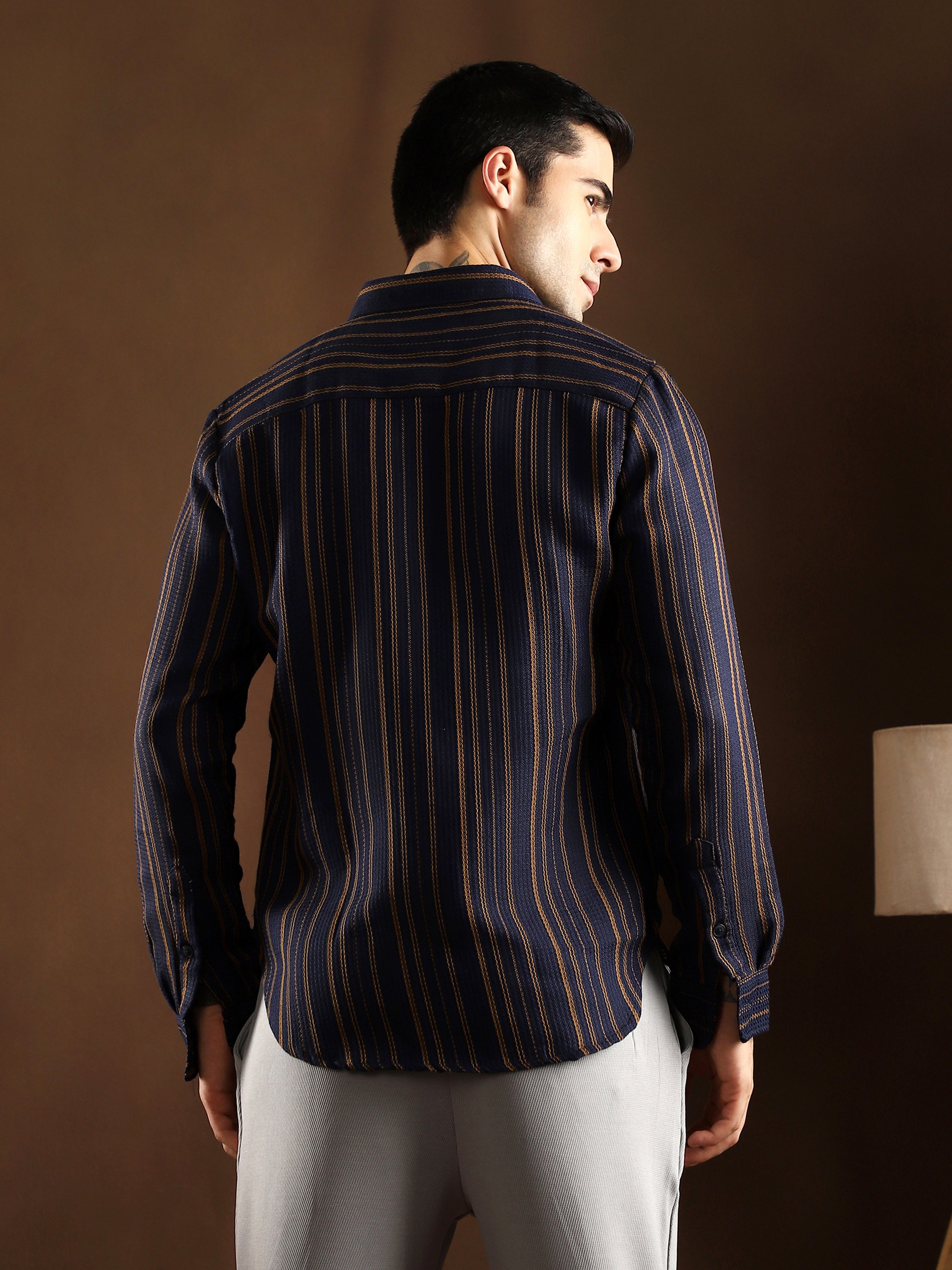 Men Navy Blue Multitrack-Striped Regular Shirt