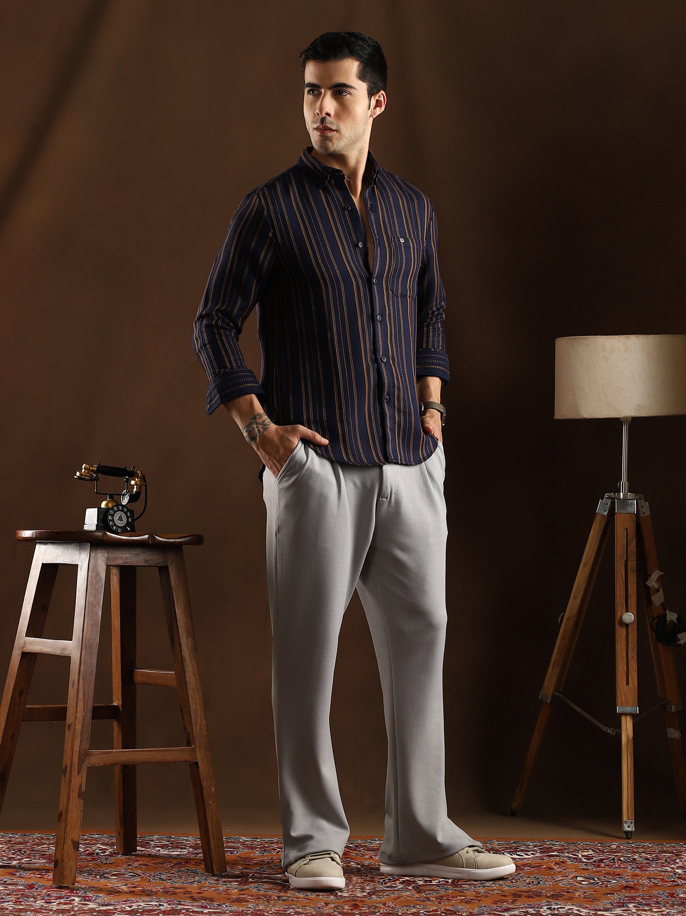 Men Navy Blue Multitrack-Striped Regular Shirt