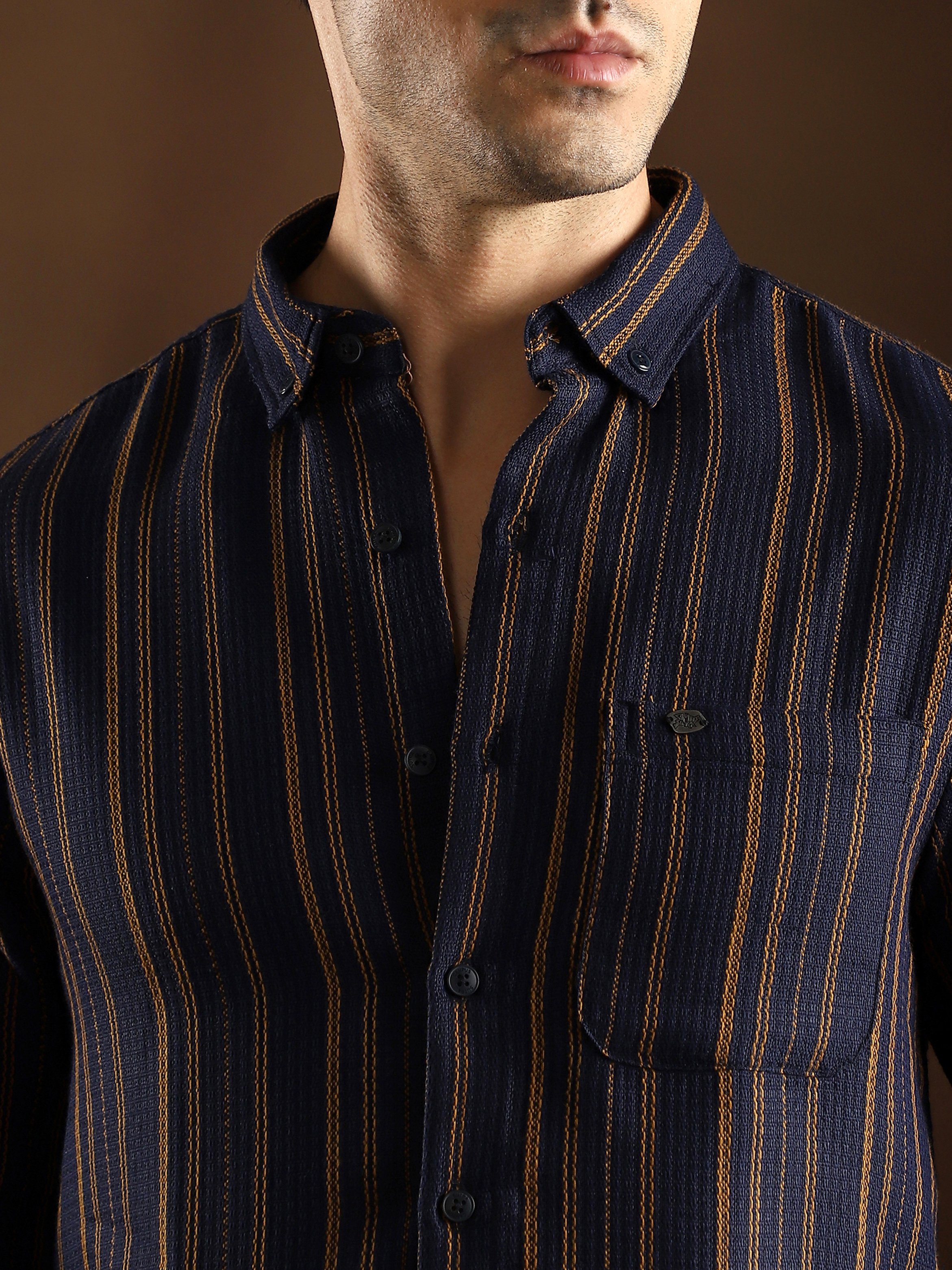 Men Navy Blue Multitrack-Striped Regular Shirt